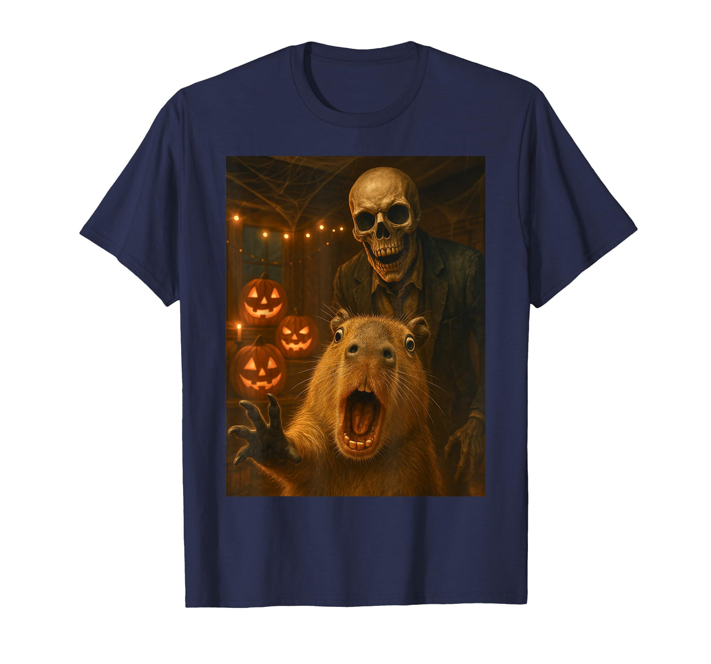 Scared Capybara Selfie with Skeleton Funny Halloween Outfit T-Shirt