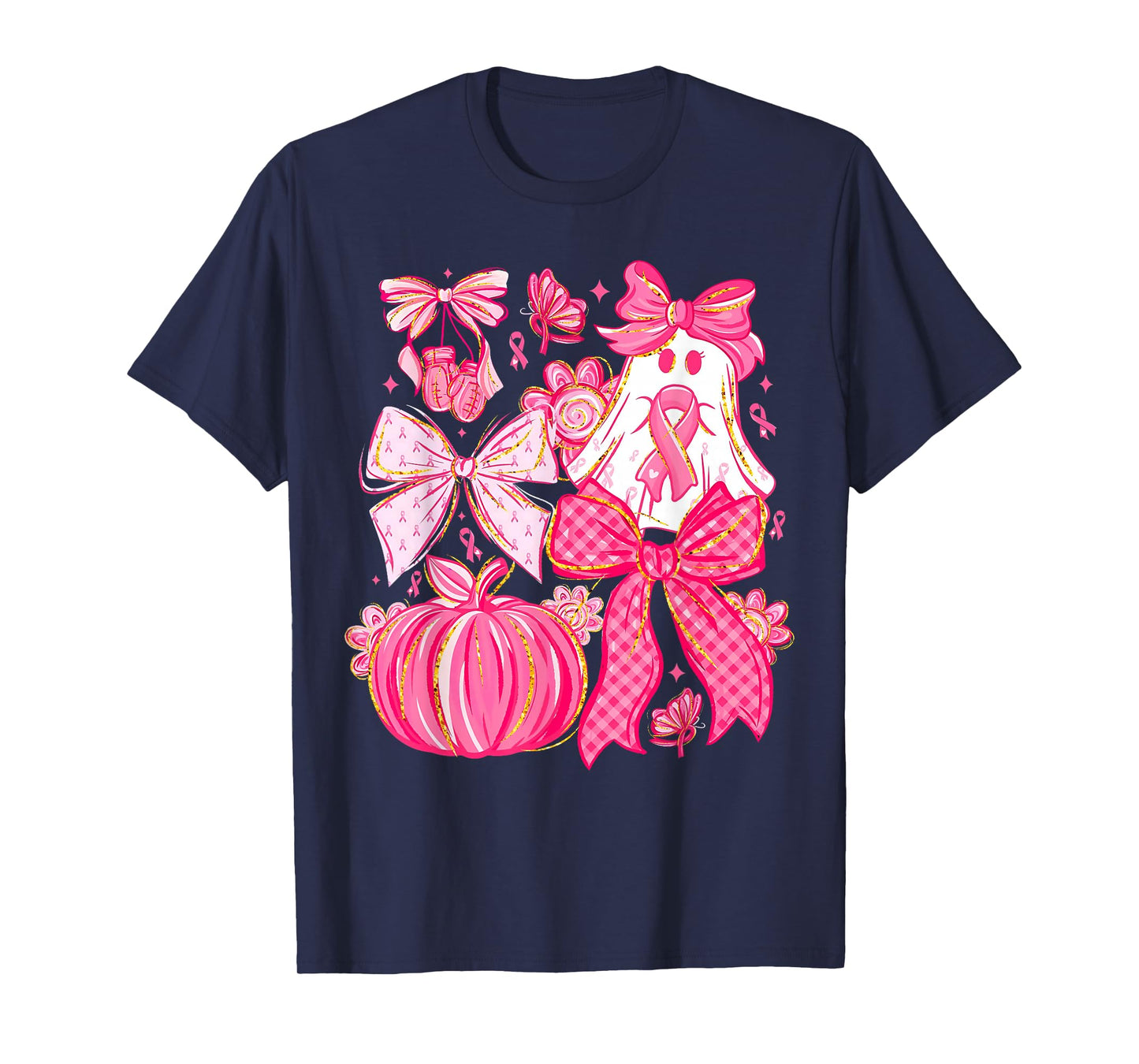 Pink Ribbon Pumpkin Ghost Halloween Breast Cancer Awareness T-Shirt
