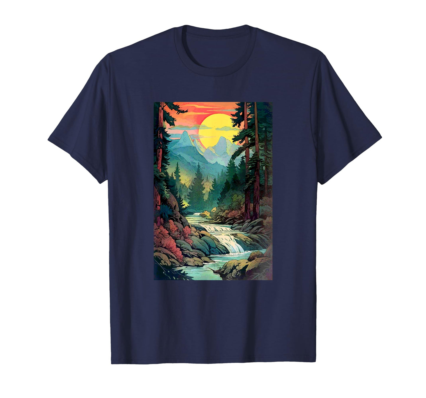 Mountains Trees River Waterfall Woodsy Nature Scene Outdoors T-Shirt