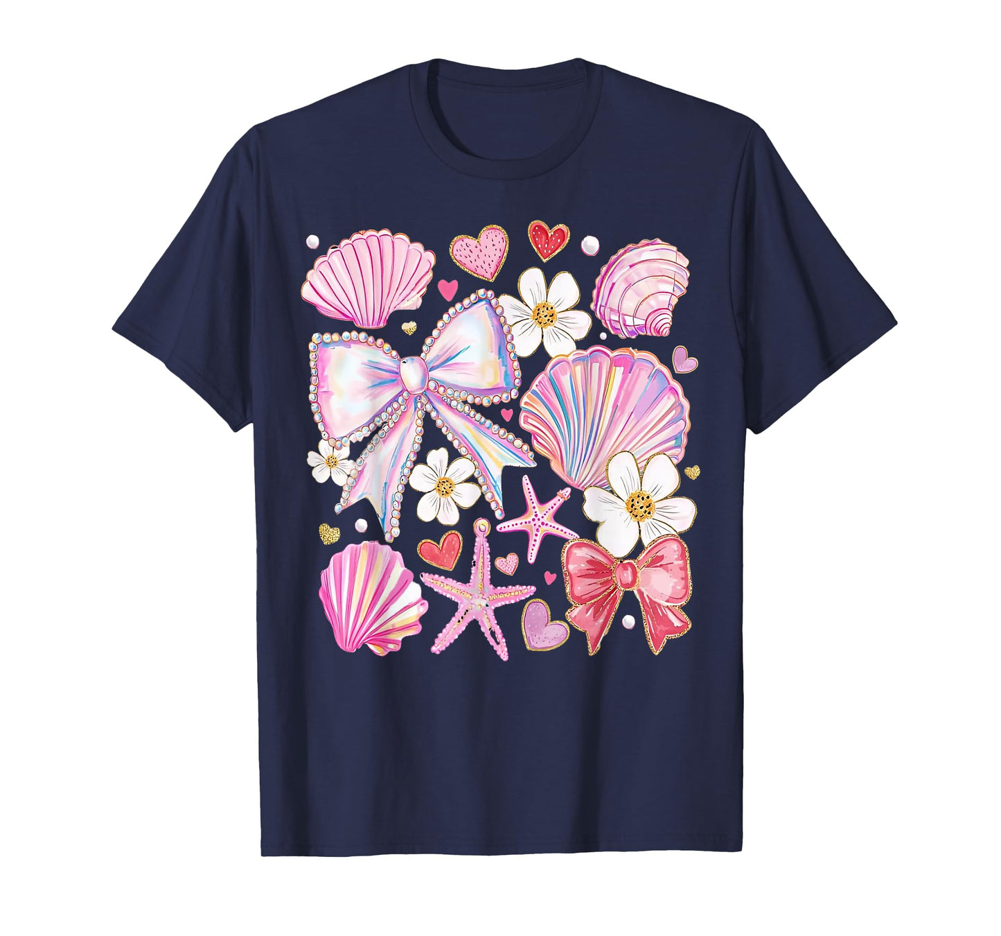 Coquette Pearl Bow Pink Starfish Seashell Summer For Girls T-Shirt