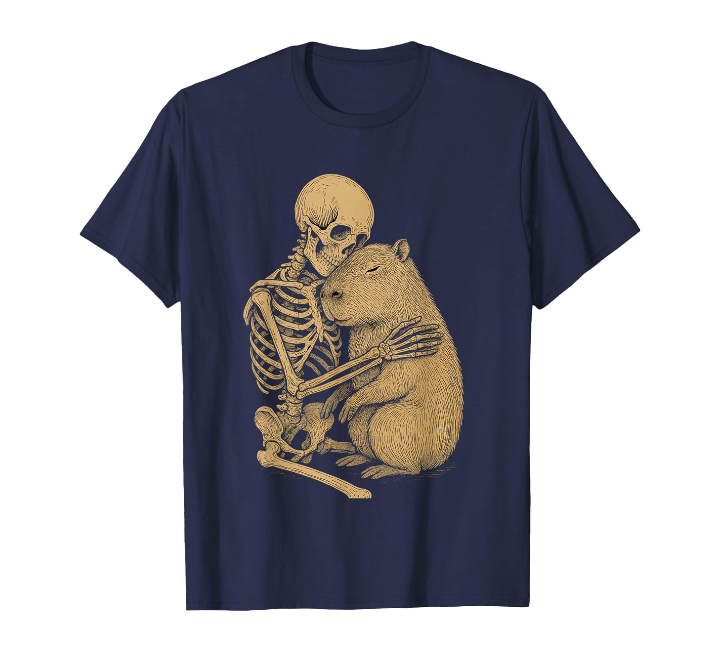 Skeleton Embracing Capybara Gothic Animal Illustration T-Shirt