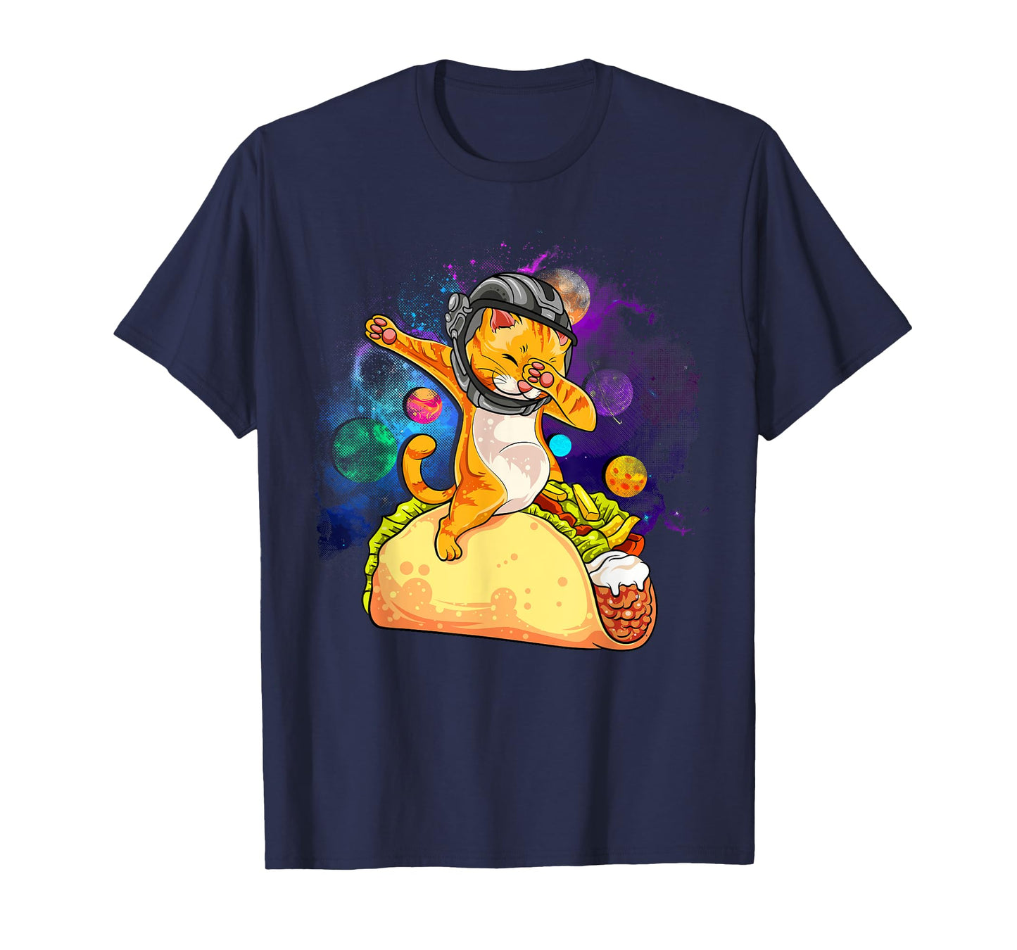 Funny Dabbing Cat Astronaut In Space Riding Taco T-Shirt