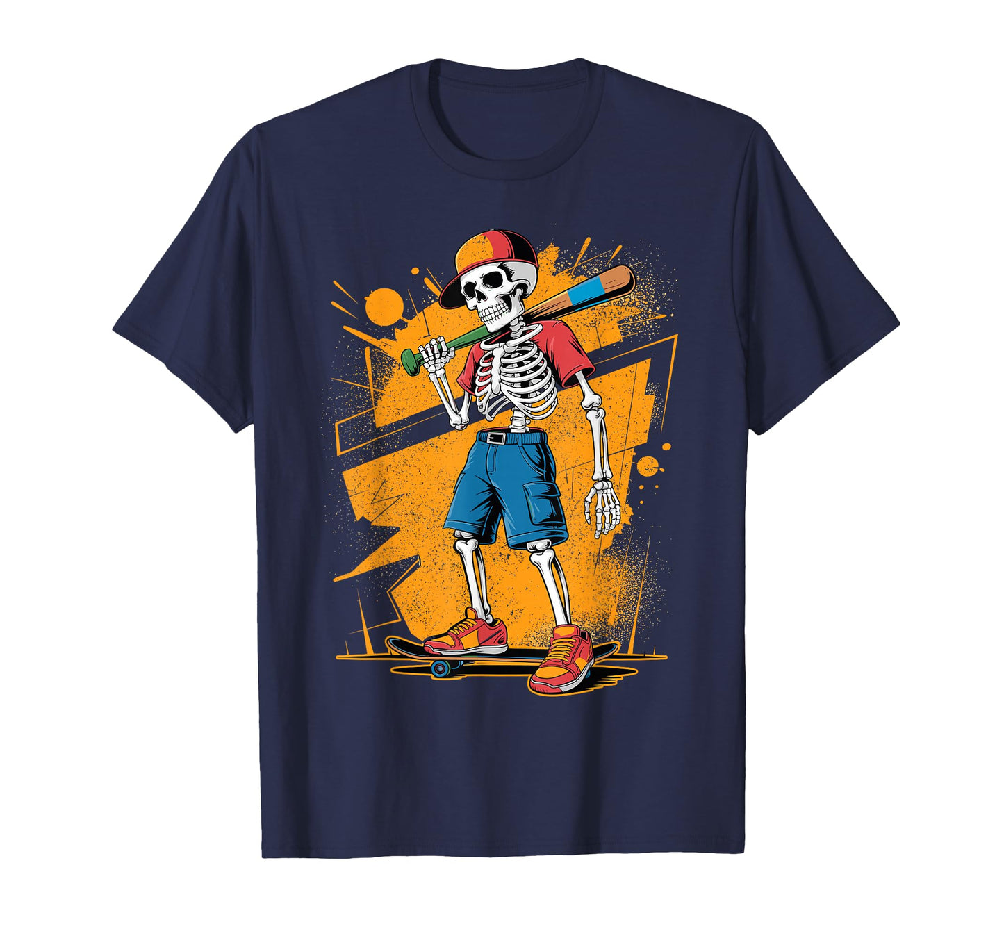 Halloween Skeleton Baseball Skateboard Teen Graffiti Graphic T-Shirt