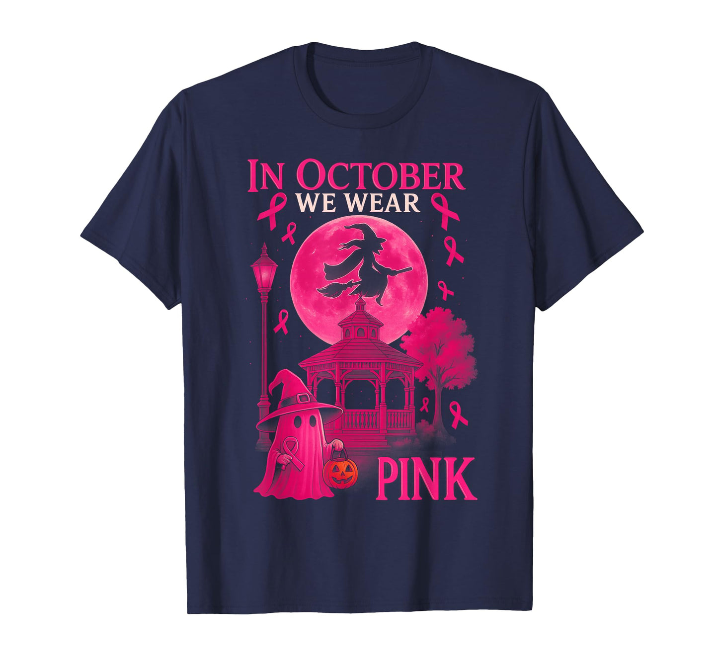 HUGvyn in October We Wear Pink Witch Halloween Breast Cancer T-Shirt