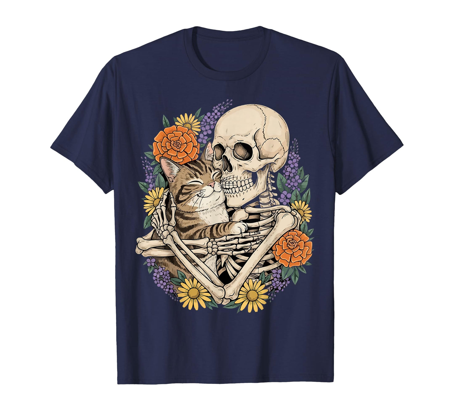 Skeleton Hugging Cat Floral Halloween Cats Lover T-Shirt