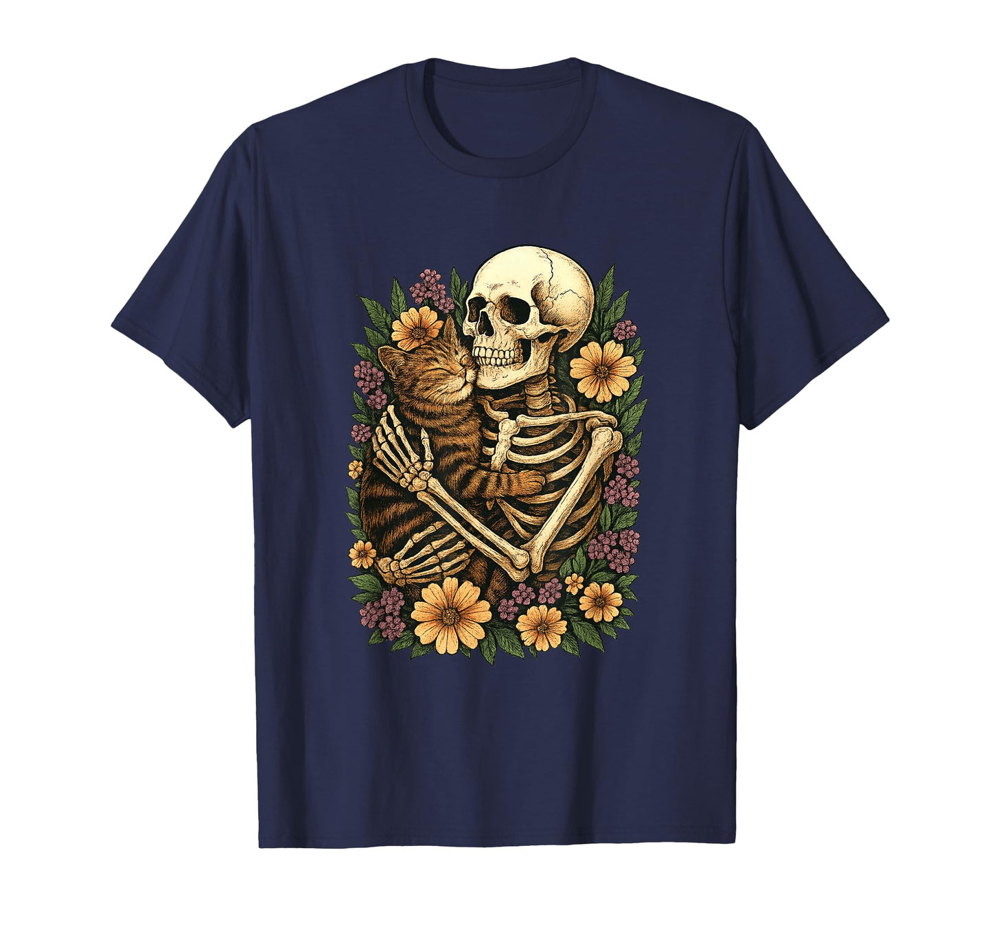 Skeleton Hugging Cat Halloween Costume Cats Lover Men Women T-Shirt