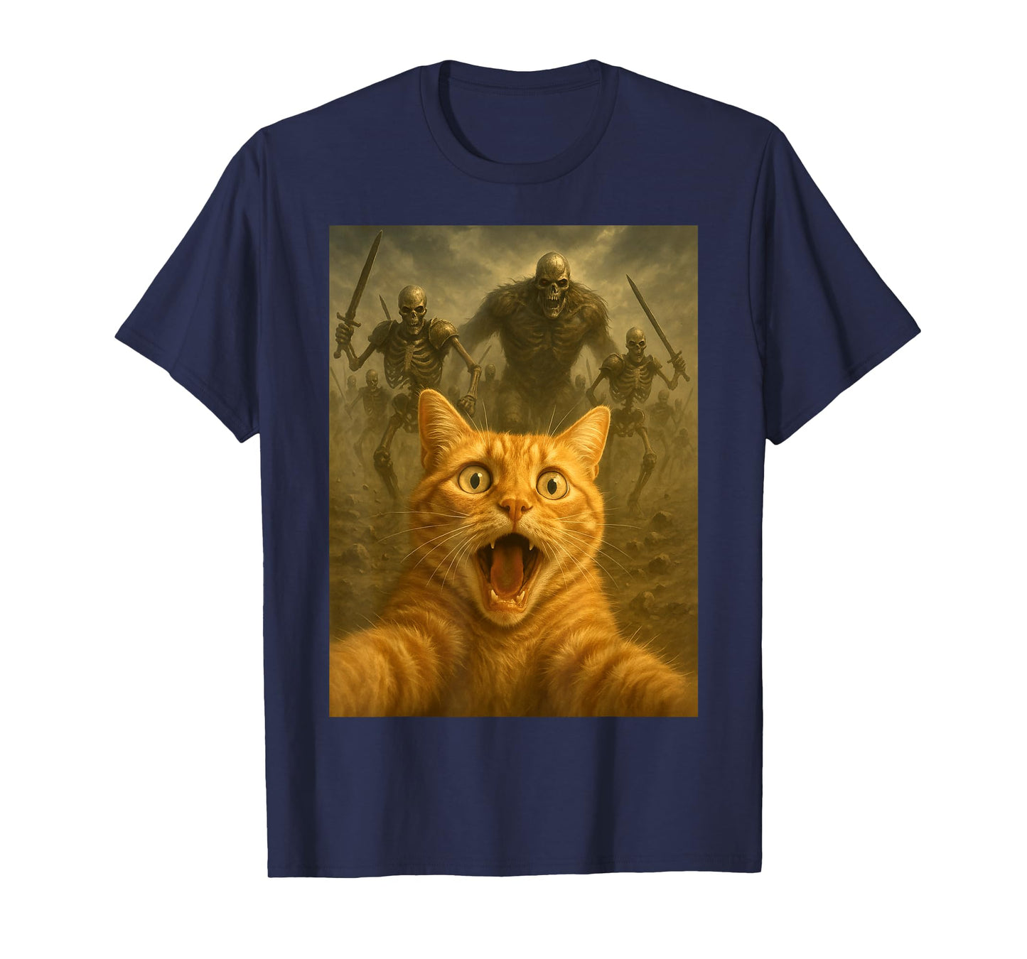 Scared cat Selfie with Skeleton Army Funny Halloween Outfit T-Shirt