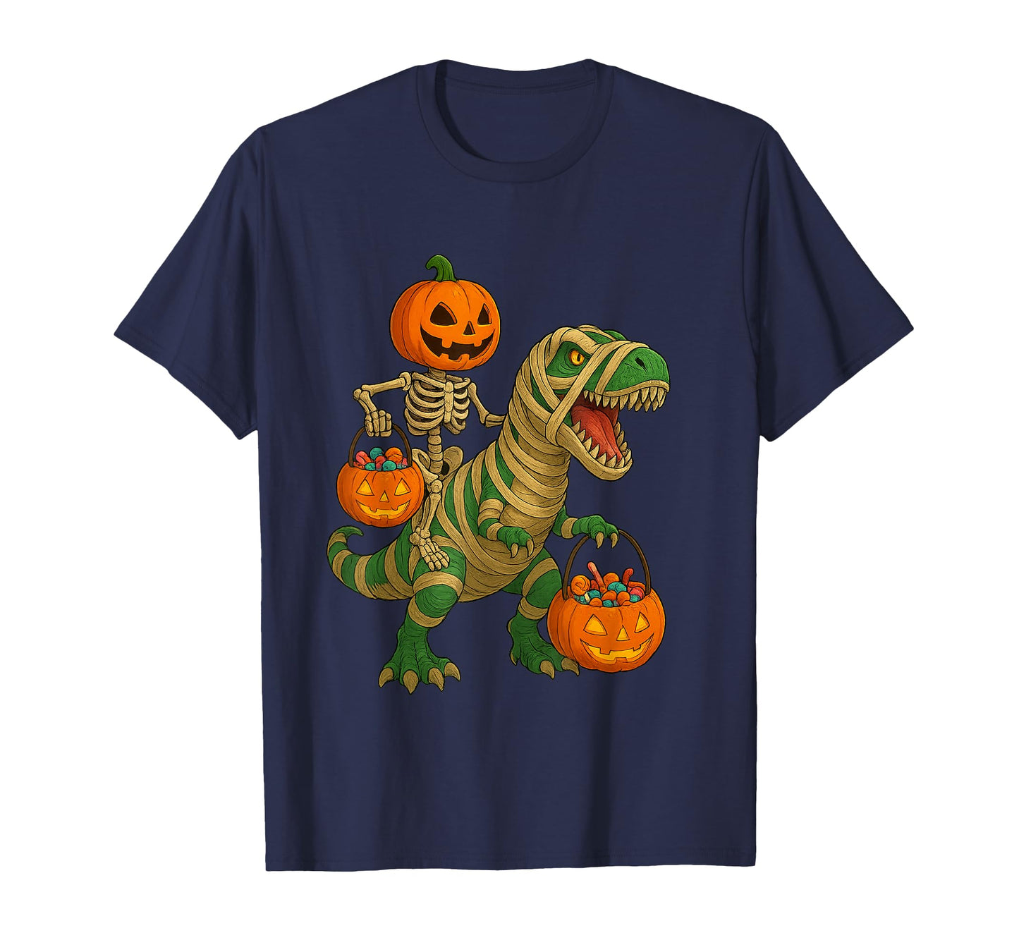 Halloween Skeleton on T-Rex Dinosaur with Pumpkin Candy T-Shirt
