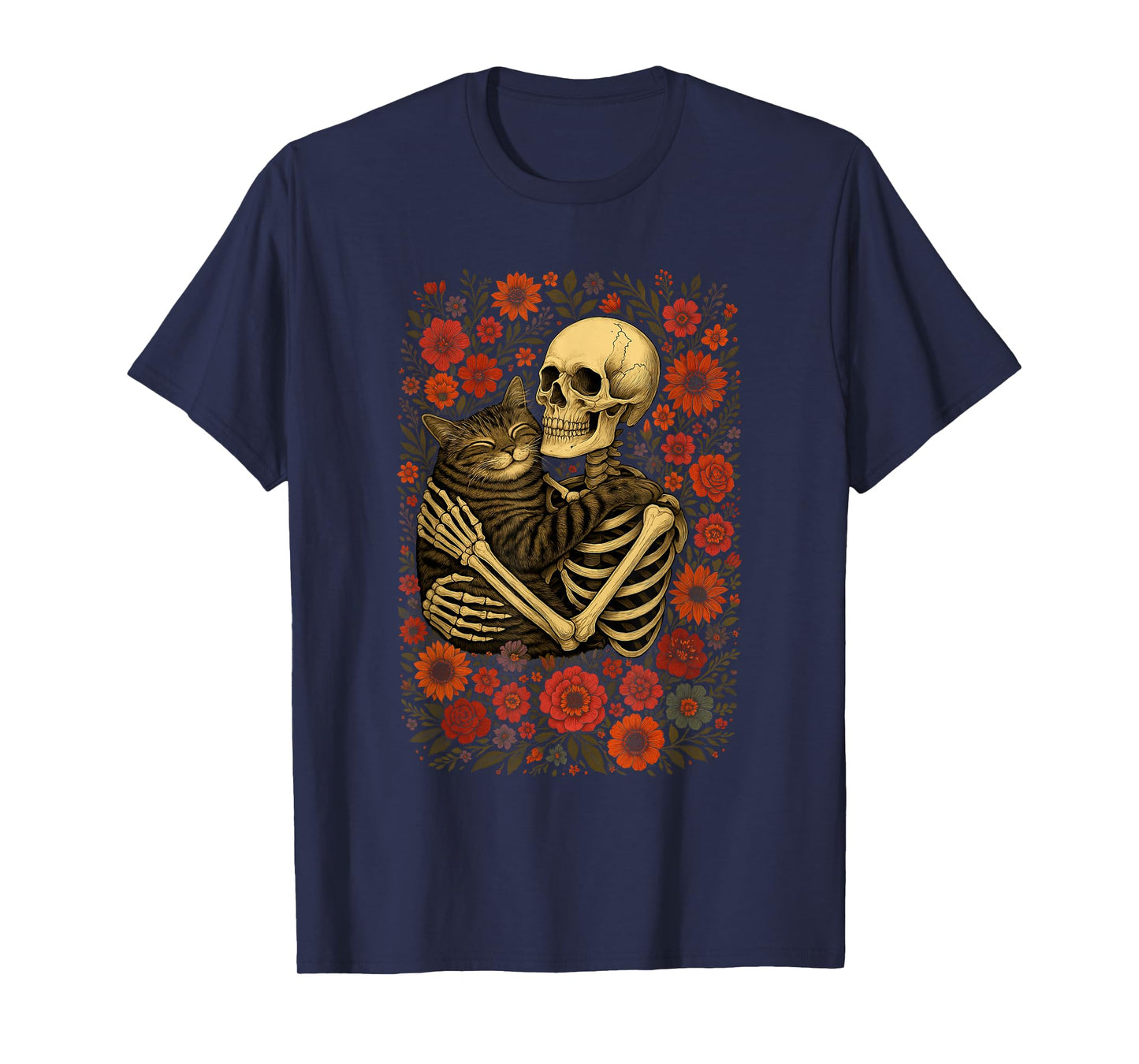 Funny Skeleton Hugging Cat Floral Halloween Cats Lover Women T-Shirt
