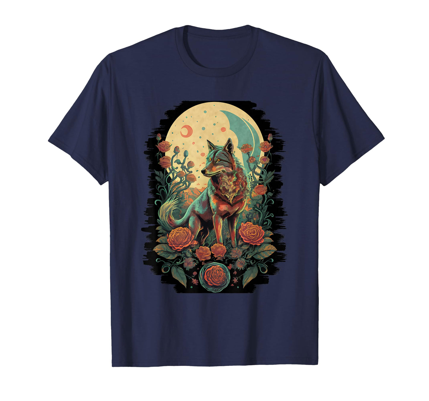 Botanical Wolf Women Roses Full Moon Children Floral Wolf T-Shirt