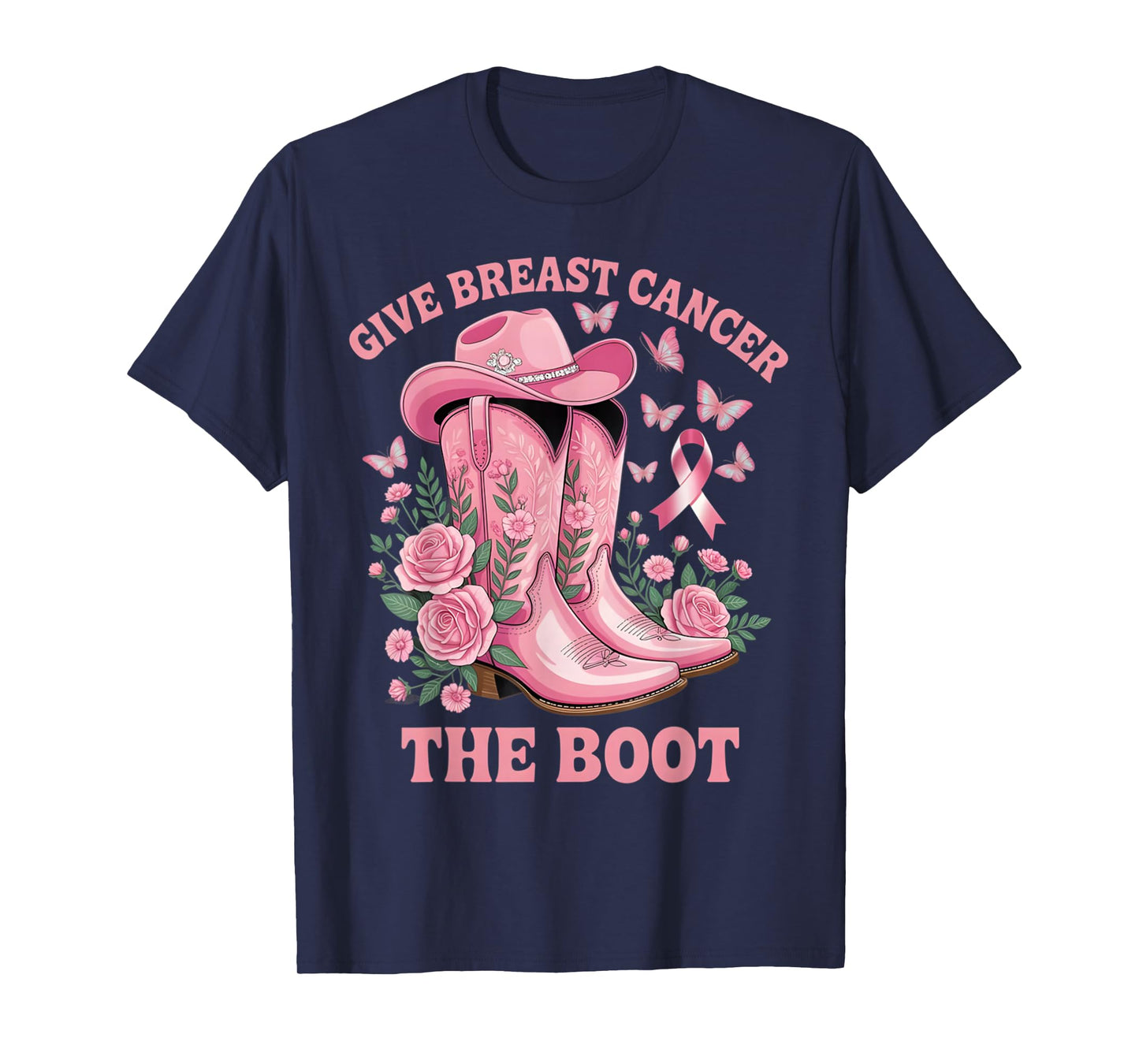 Give Breast Cancer The Boot Cowgirl Cancer Awareness Ribbon T-Shirt
