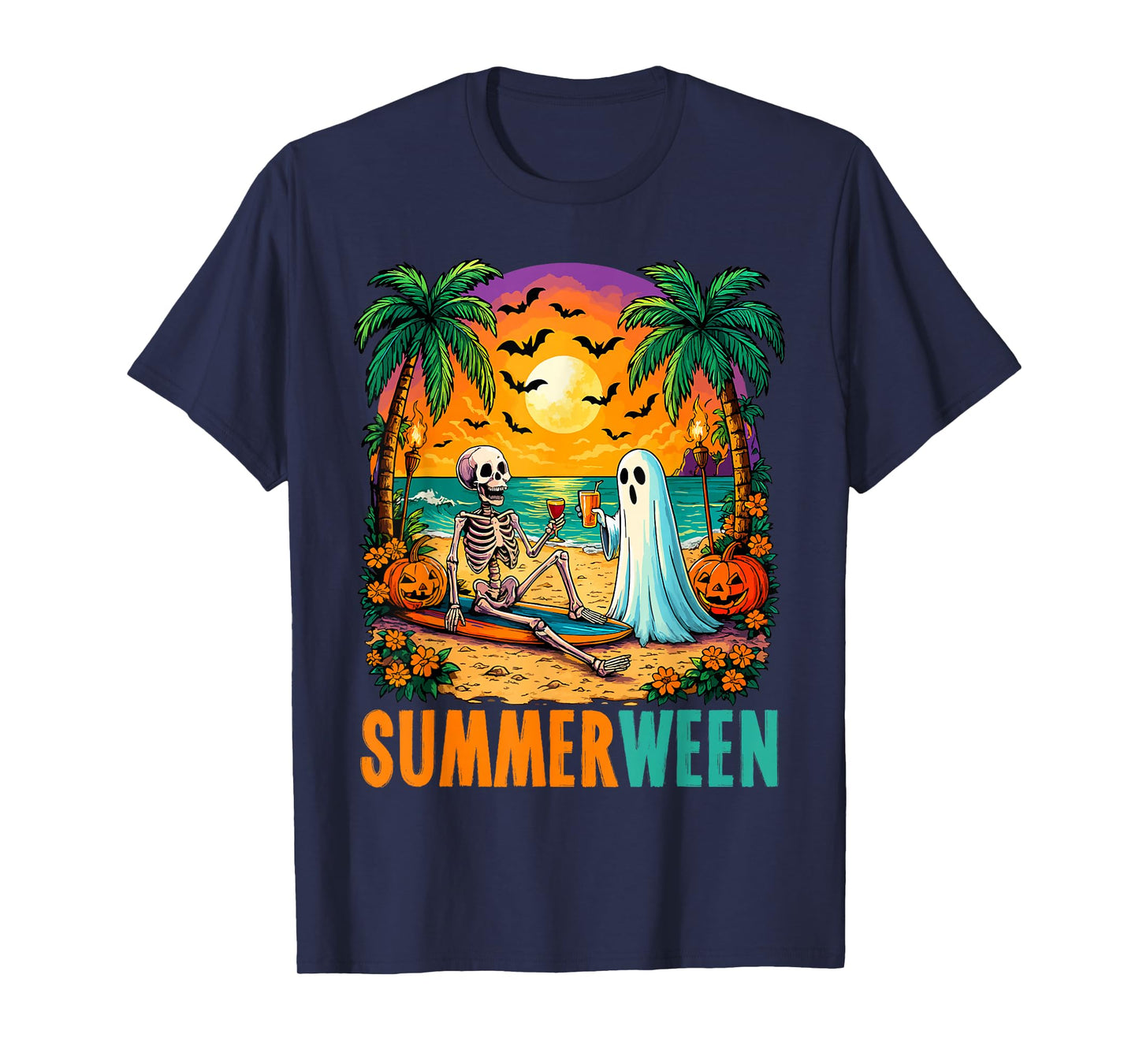 Summerween Ghost & Skeleton Halloween Summer Beach Vacation T-Shirt