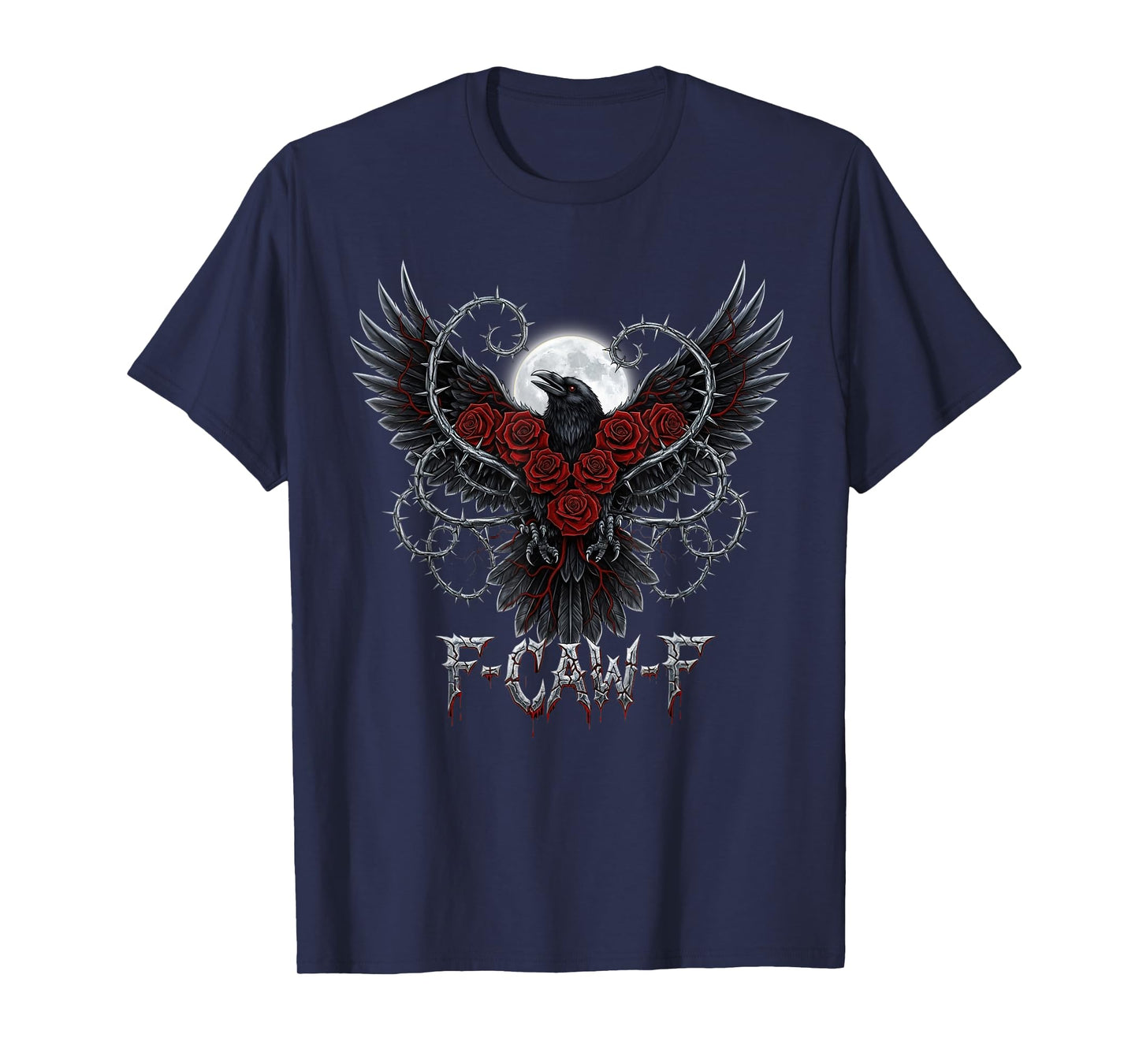 Black F-Caw-F Crow Gothic Red Roses Funny Black Bird Moon T-Shirt