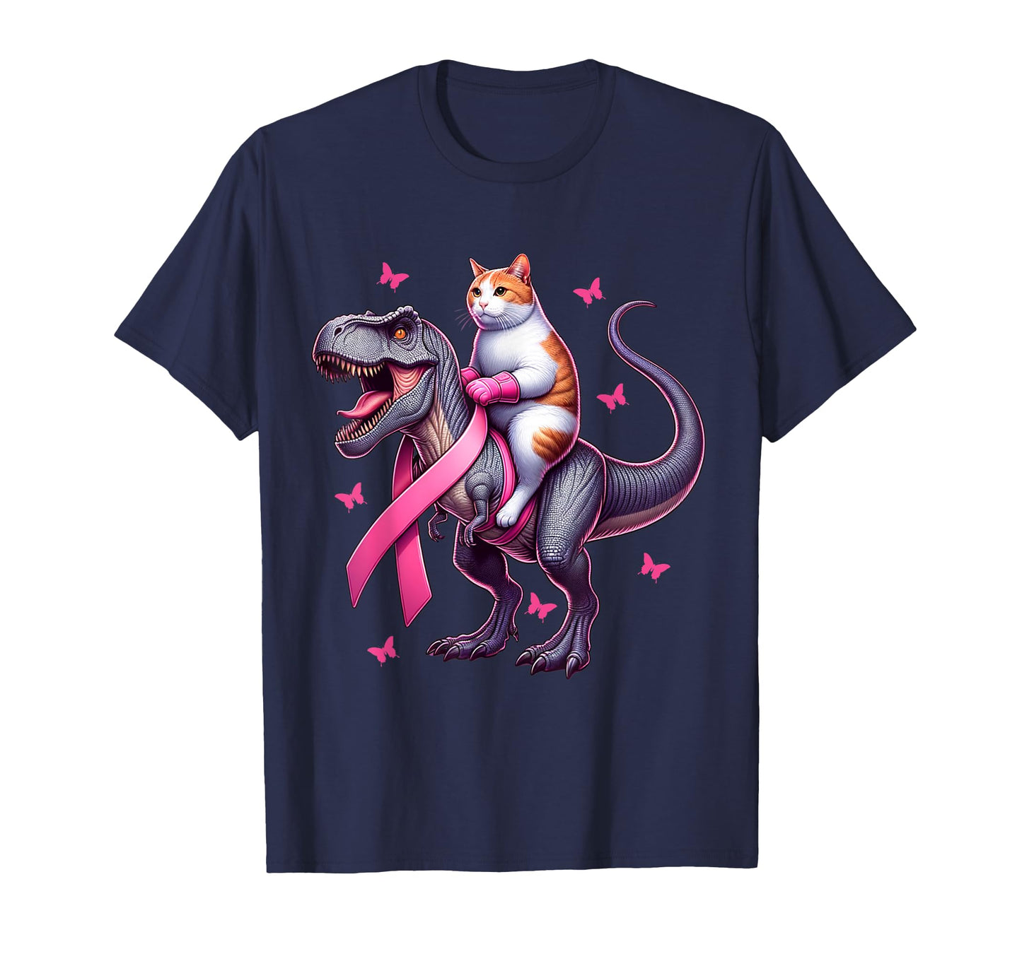 Cat Riding T Rex Dinosaur. Breast Cancer Awareness T-Shirt for Men Women Kids