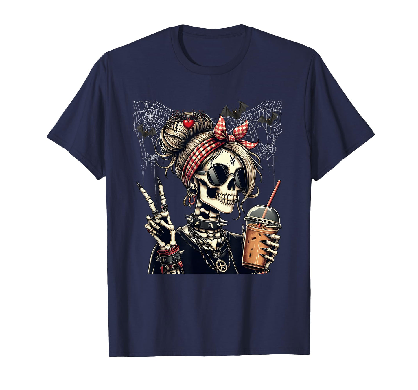 Skeleton Girl Iced Coffee Lover Peace Sign Gothic Halloween T-Shirt