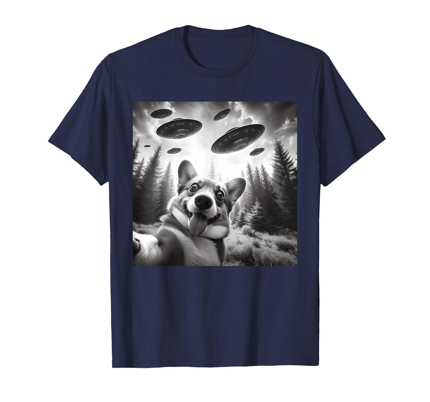 Corgi Dog Taking Selfie with UFOs Outer Space Alien Geeks Men Women Kids T-Shirt
