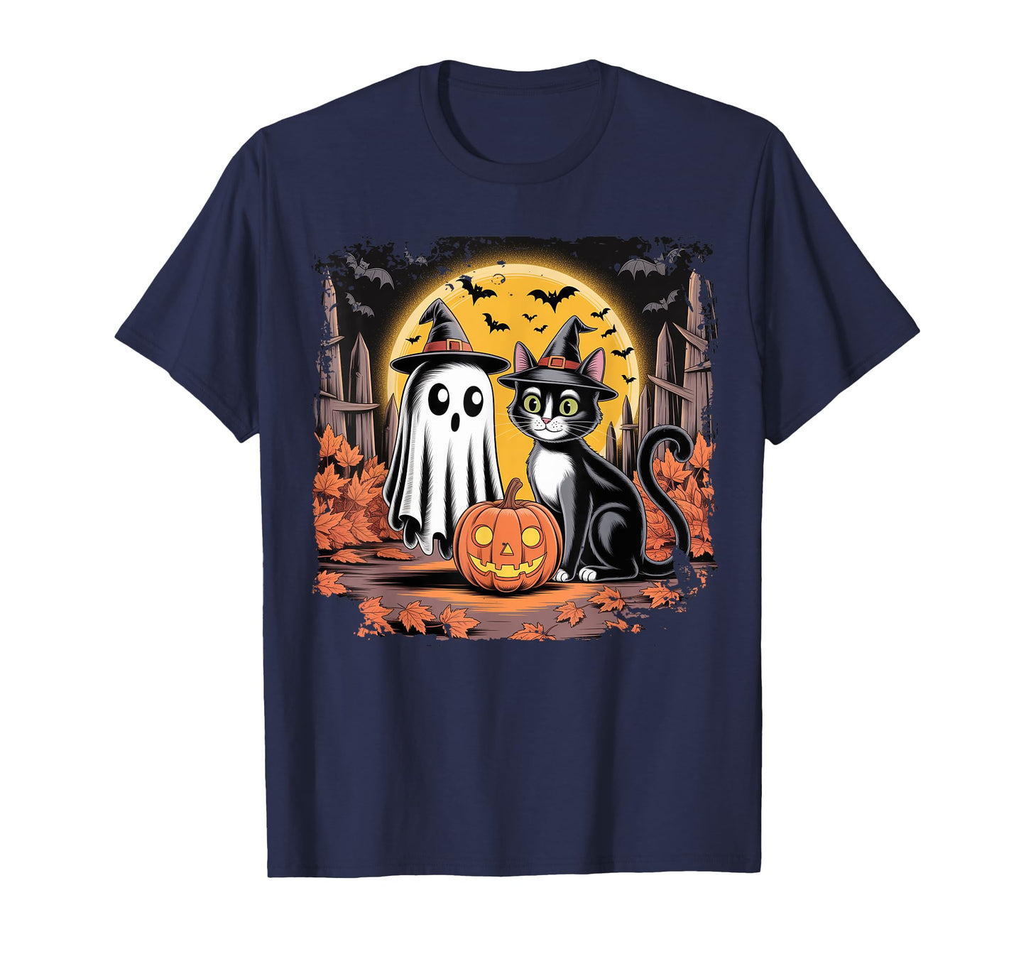 Cute Ghost Black Cat Halloween Witch Pumpkin Dark Forest T-Shirt