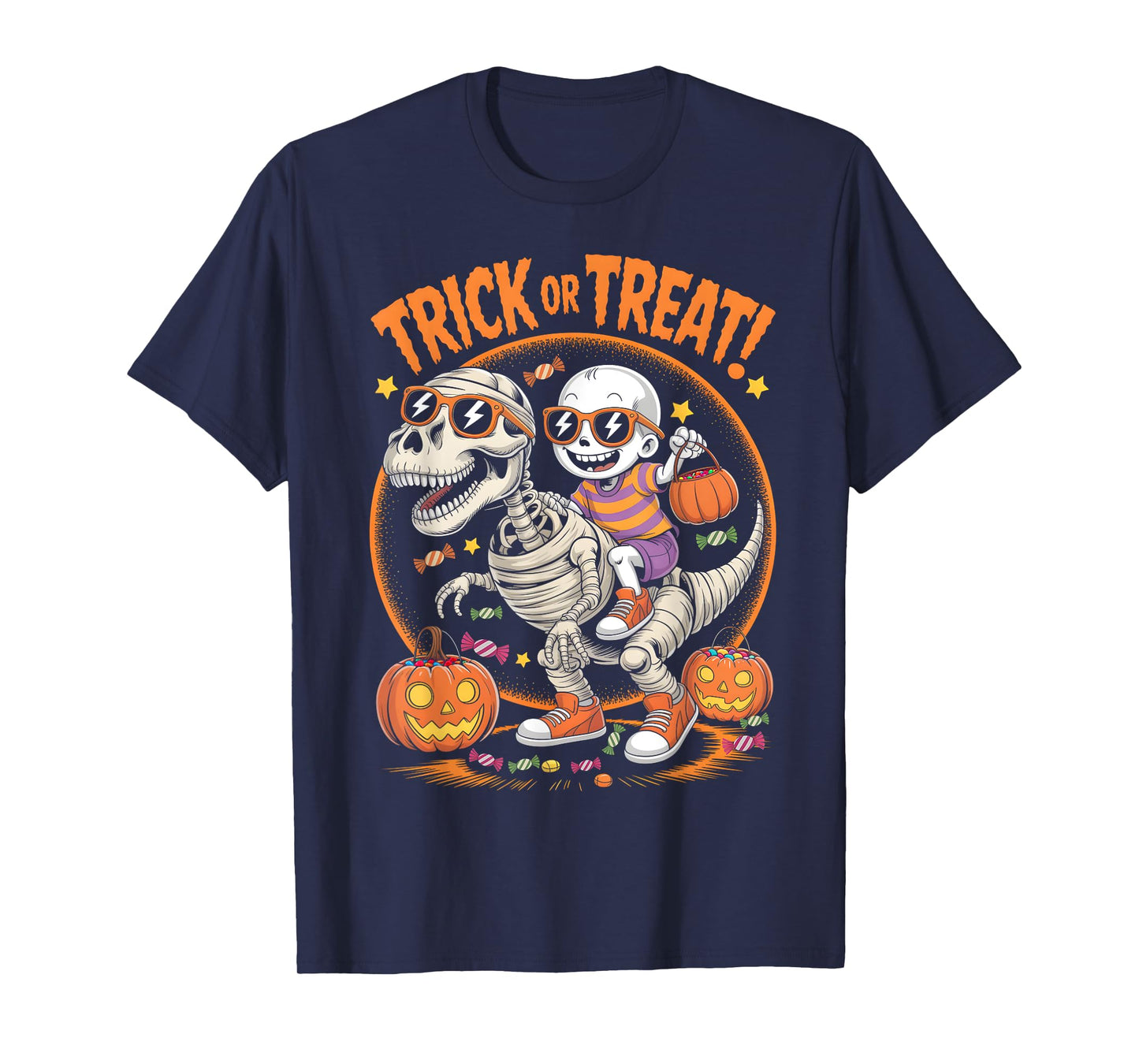 Trick or Treat T-rex Skeleton Riding Mummy Dinosaur for Kids T-Shirt