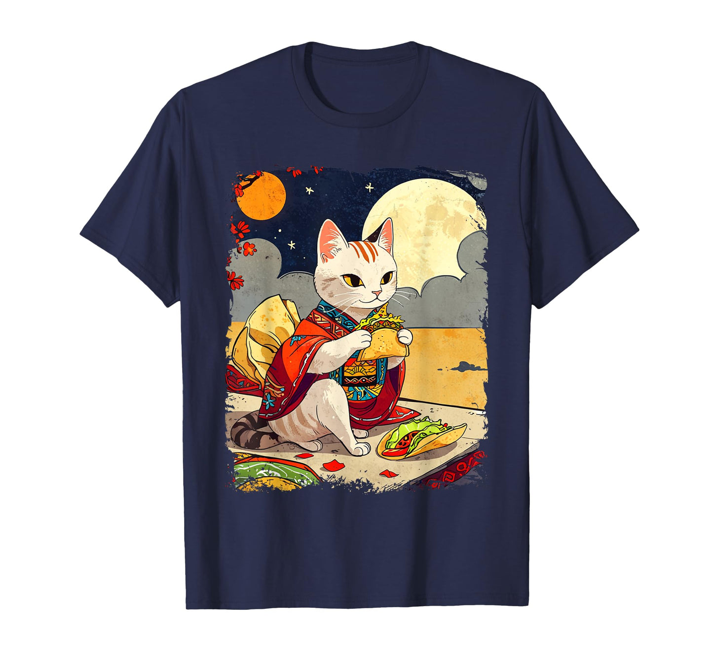 Cat Eating Tacos Funny Taco Cat Ukiyo-e Art Mexican Cat T-Shirt for Men Women Girls Kids