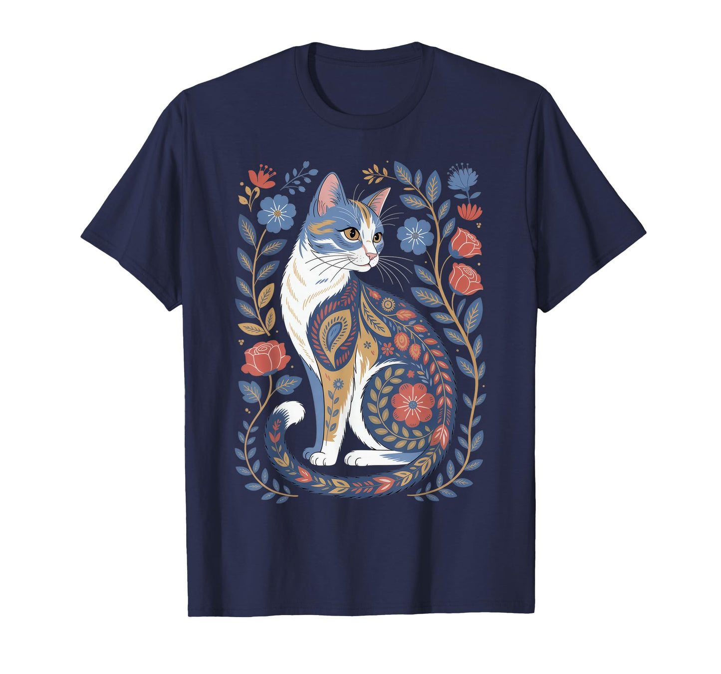 Cute Cat Lover Vintage Flowers Art Pattern Aesthetic T-Shirt