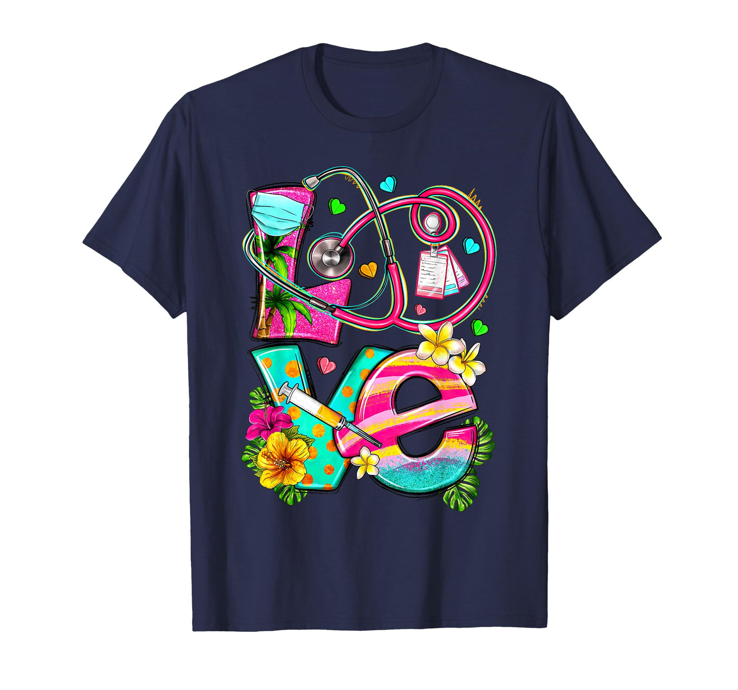 Love Summer Nurse Stethoscope Tropical Flowers Hawaii T-Shirt