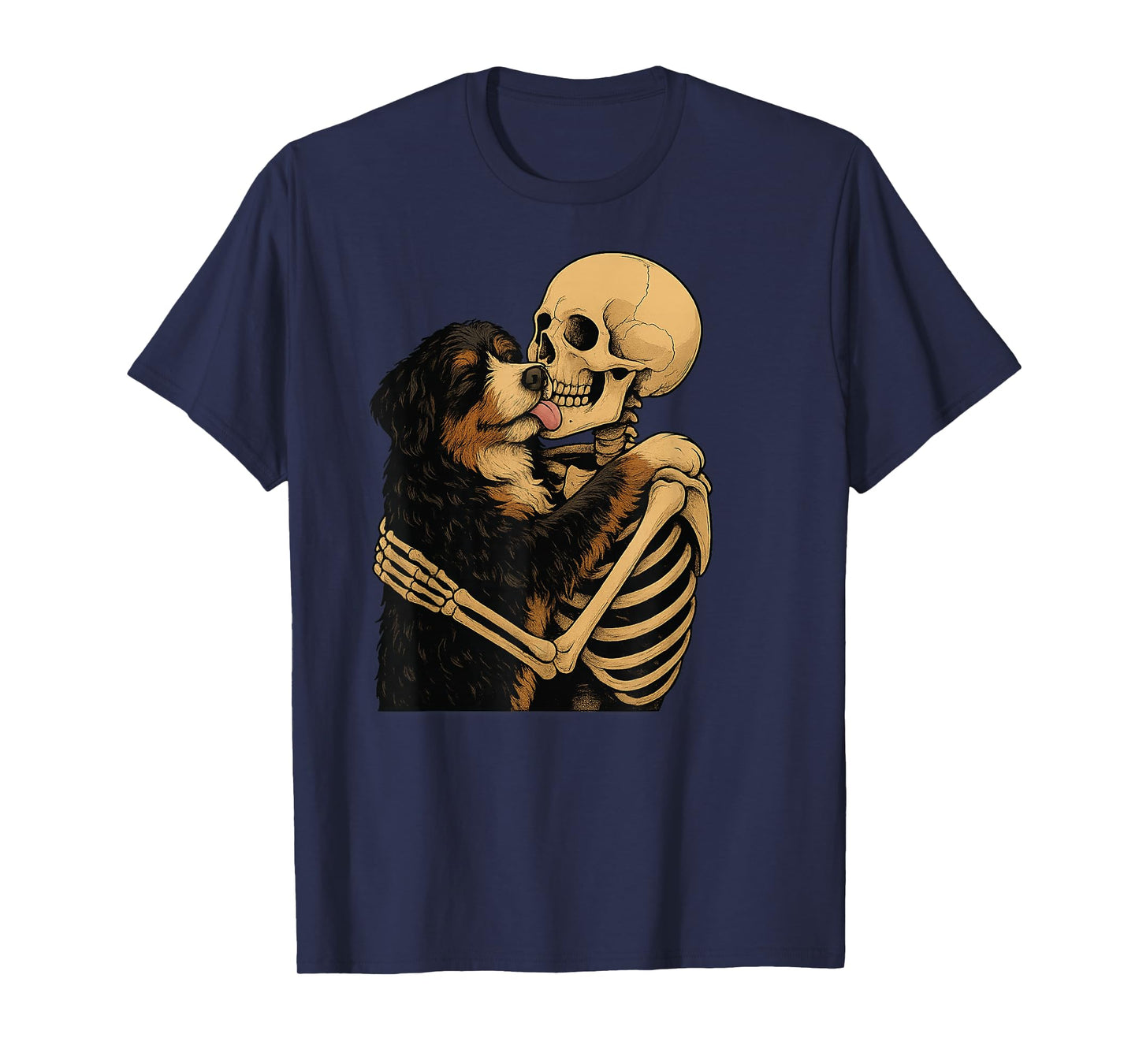 Skeleton Hugging Bernedoodle Dog Halloween T-Shirt