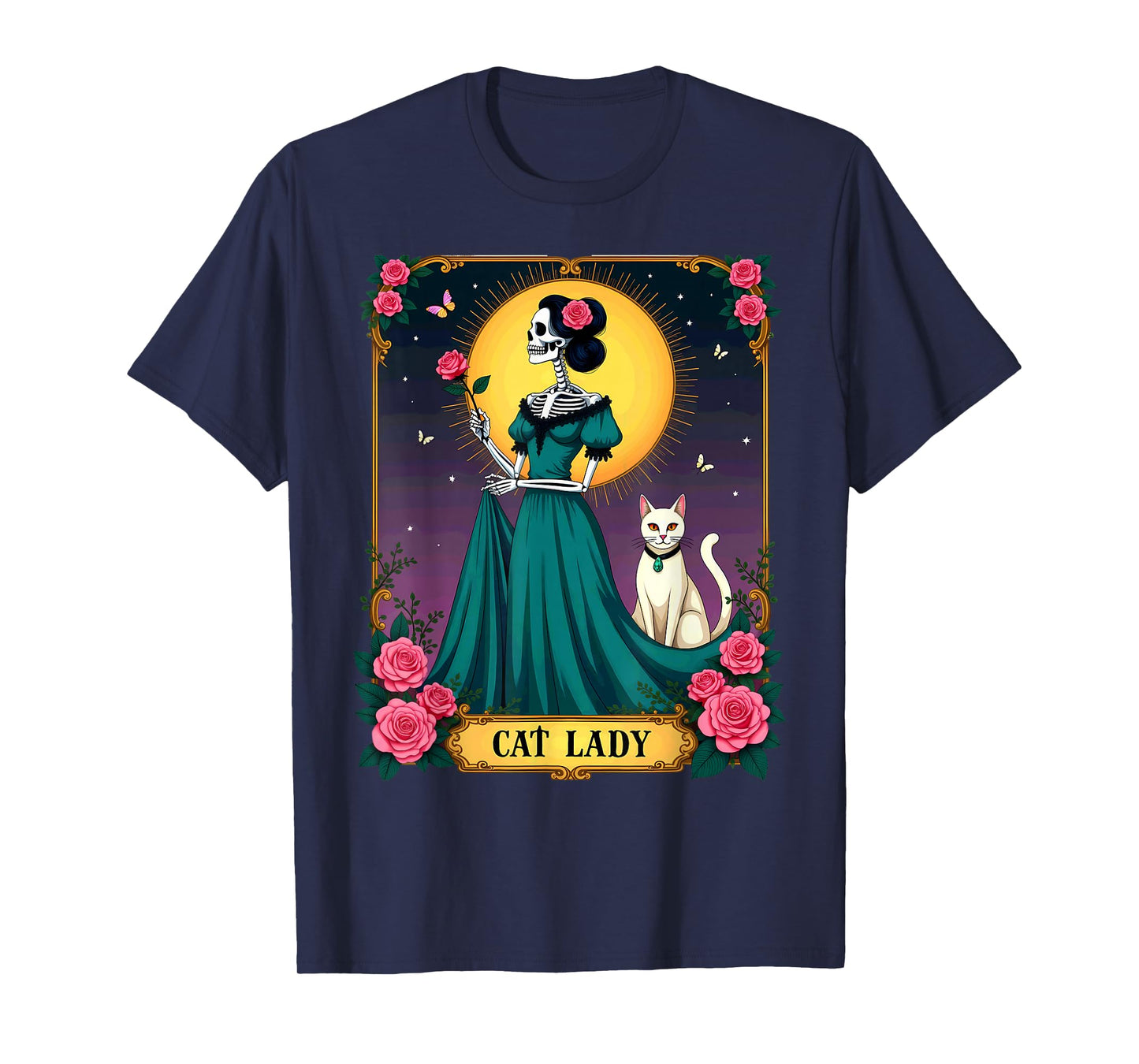 Retro Cat Lady Tarot Card Skeleton Halloween T-Shirt