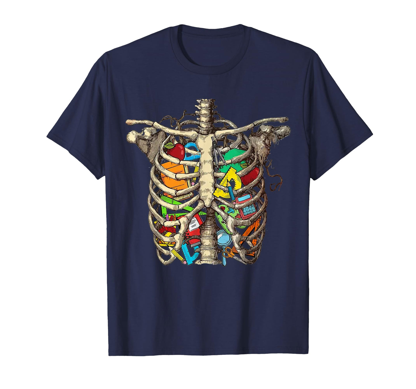 Spooky Teacher Skeleton Bones with Books Halloween Retro T-Shirt