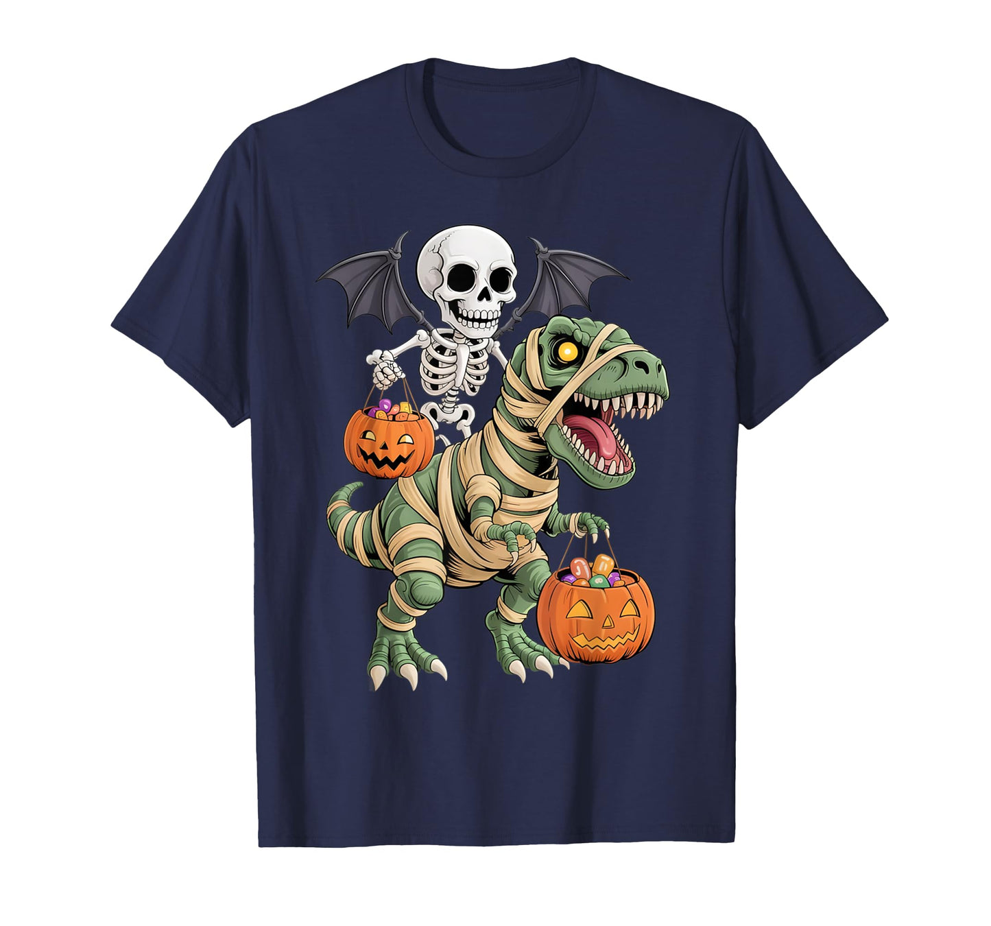 Skeleton Riding Mummy Dinosaur T rex Halloween Pumpkin Gifts T-Shirt