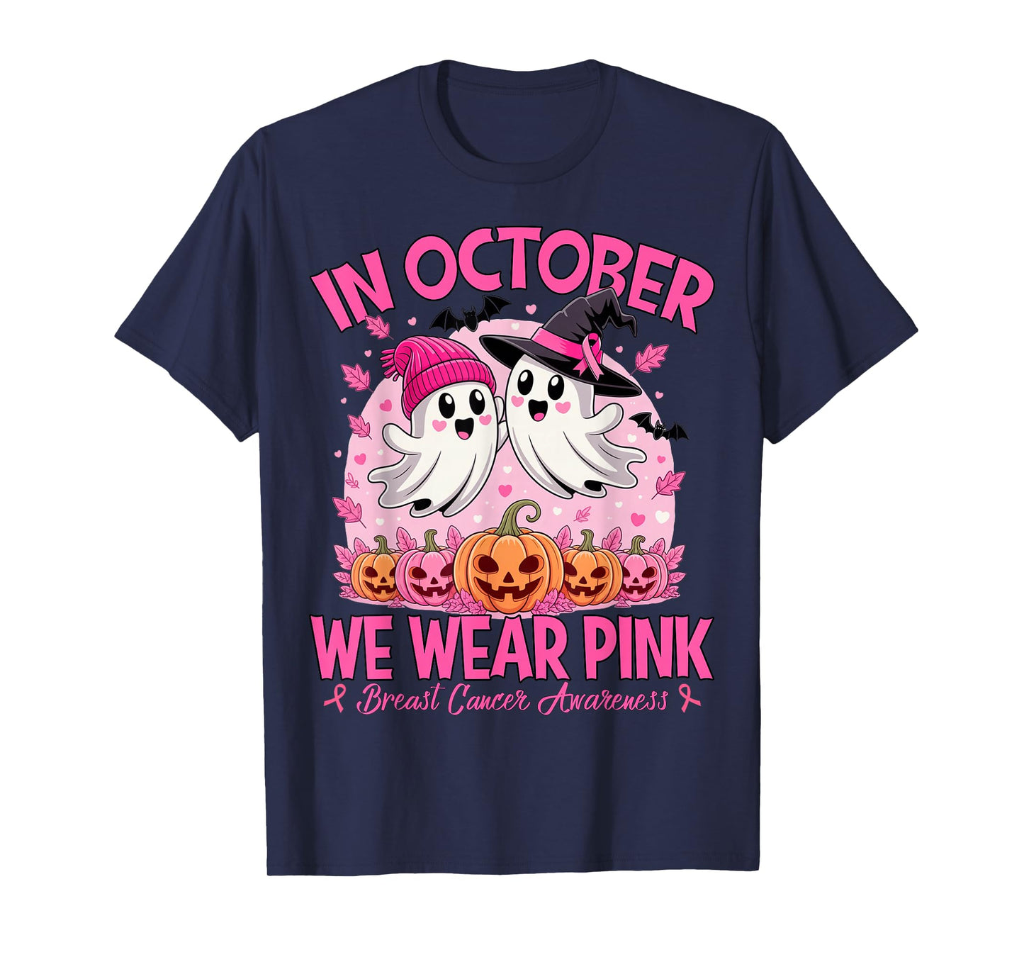 in October We Wear Pink Ghost Witch Breast Cancer Awareness T-Shirt