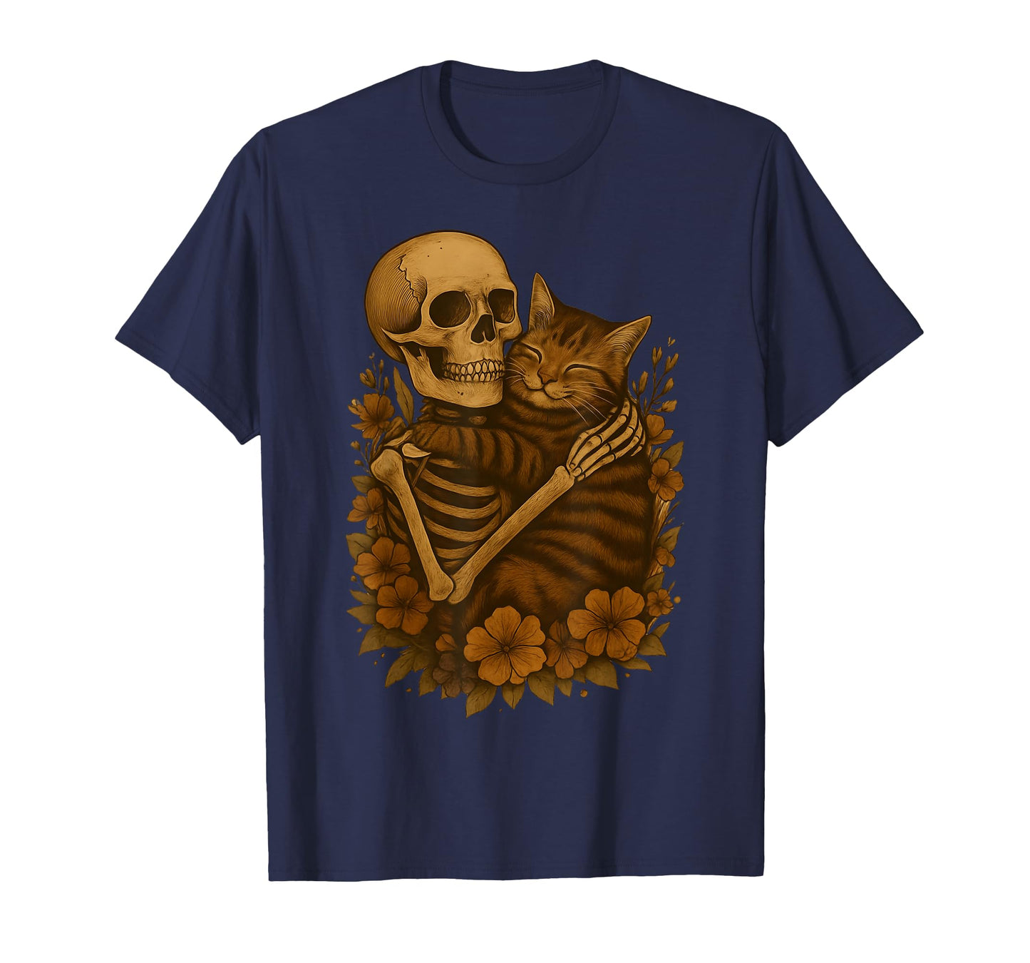 Skeleton Hugging Cat Floral Halloween Cats Lover T-Shirt