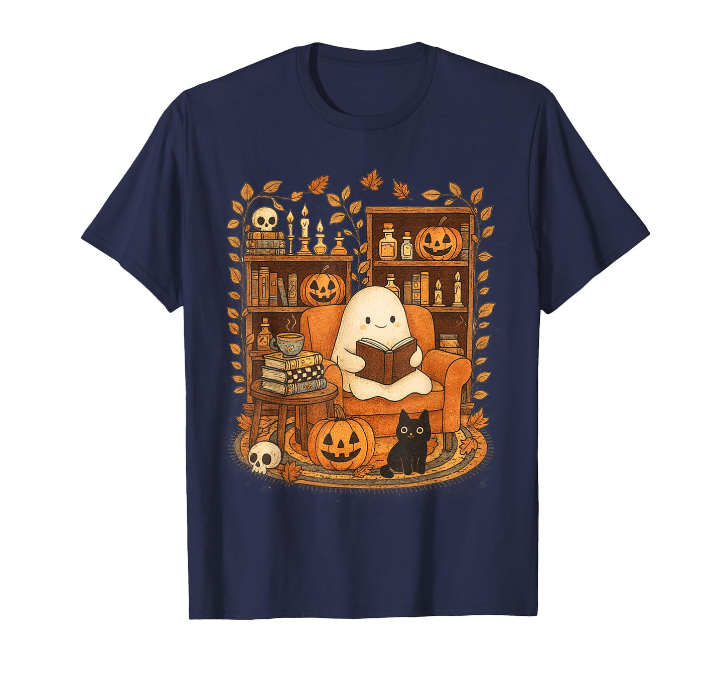Halloween Cute Ghost Reading Book Lover Bookish Pumpkin Fall T-Shirt