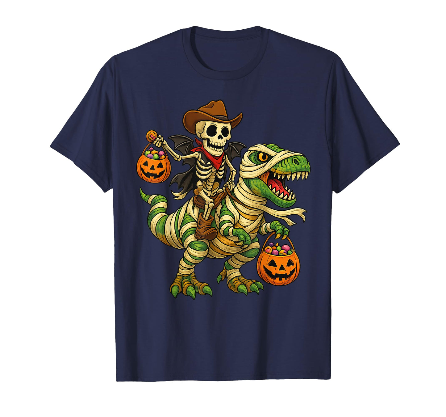 Skeleton Riding Mummy Dinosaur T rex Halloween Funny Pumpkin T-Shirt