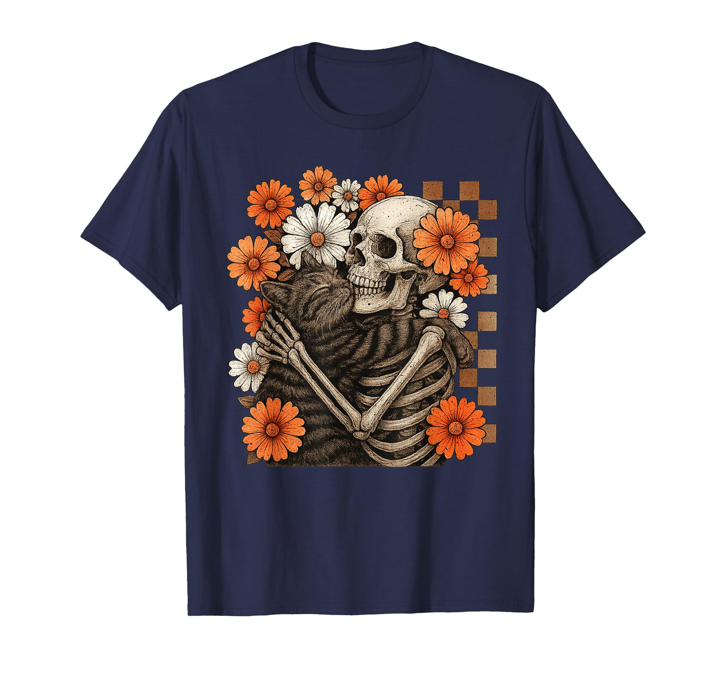 Floral Checkered Skeleton Hugging Cat Halloween T-Shirt