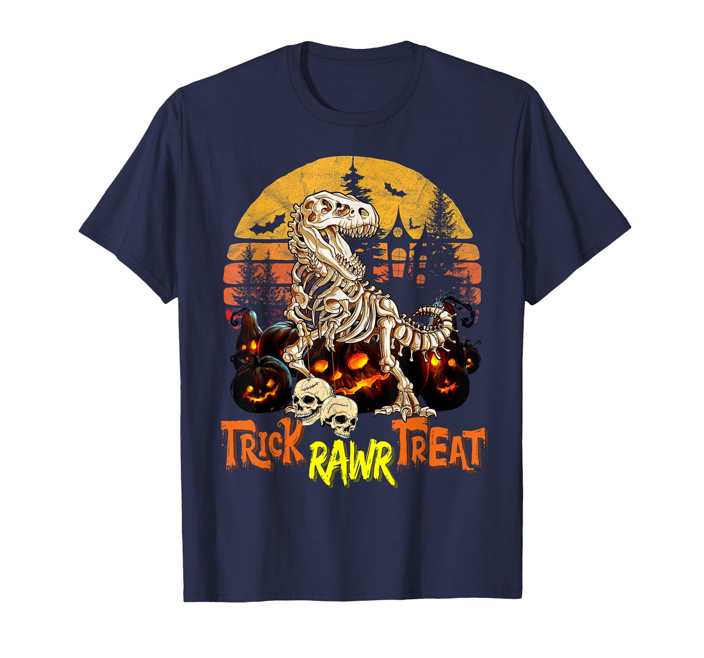 Dinosaur Skeleton T rex Scary Pumpkin Moon Halloween Boys T-Shirt
