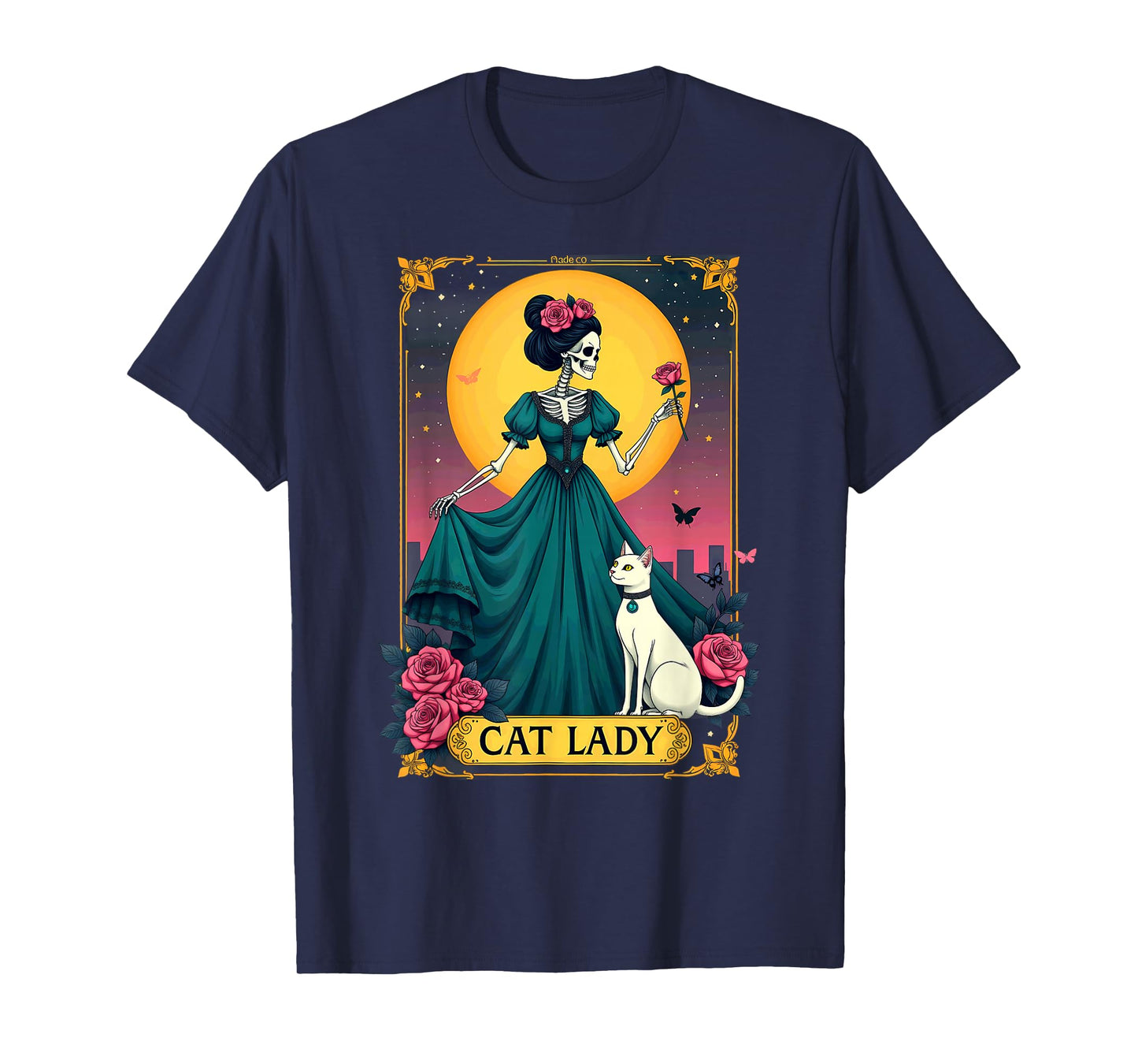 Retro Cat Lady Tarot Card Skeleton Halloween T-Shirt