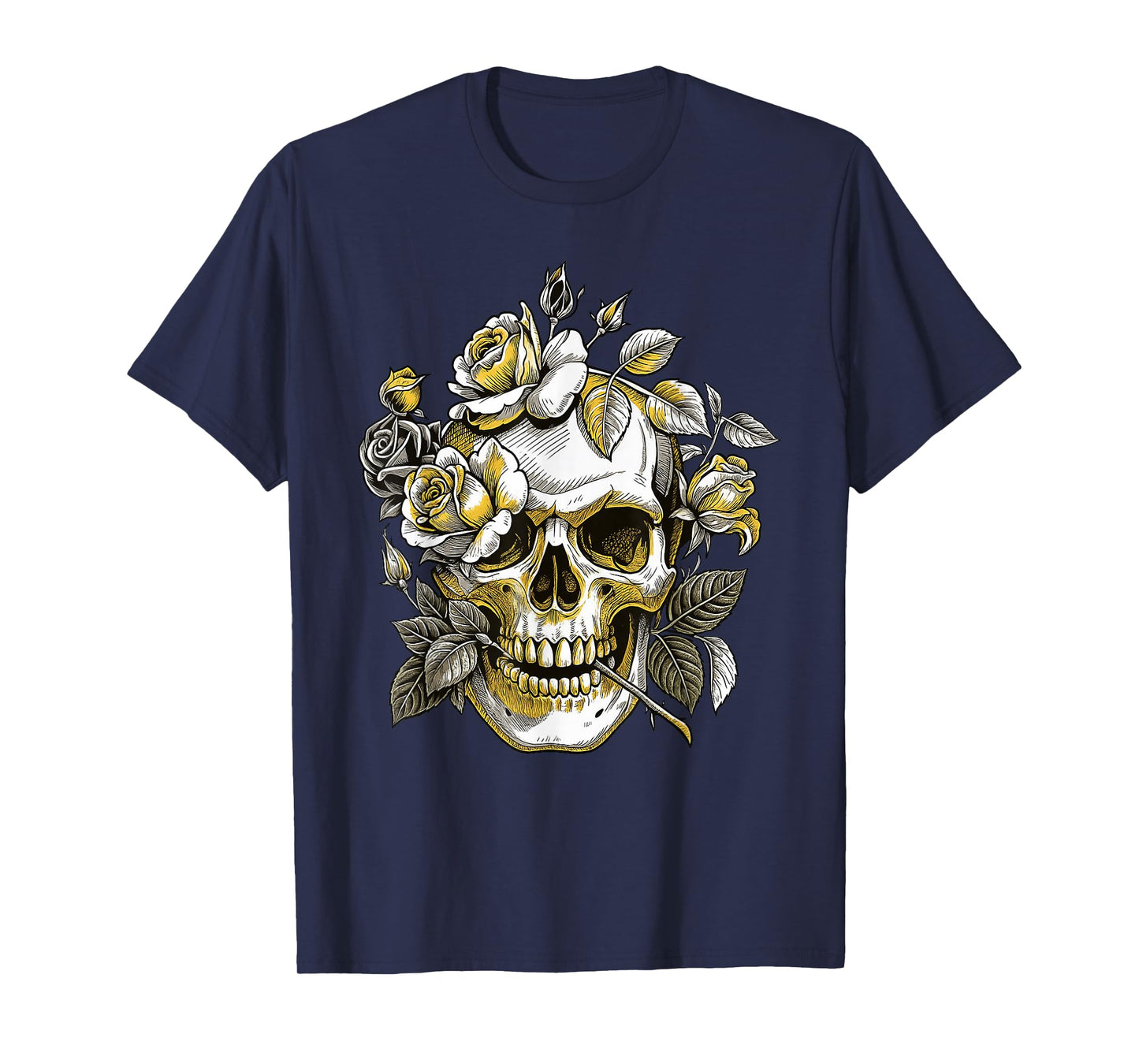 Floral Mexican Skull with Rose Details and Gothic Head T-Shirt