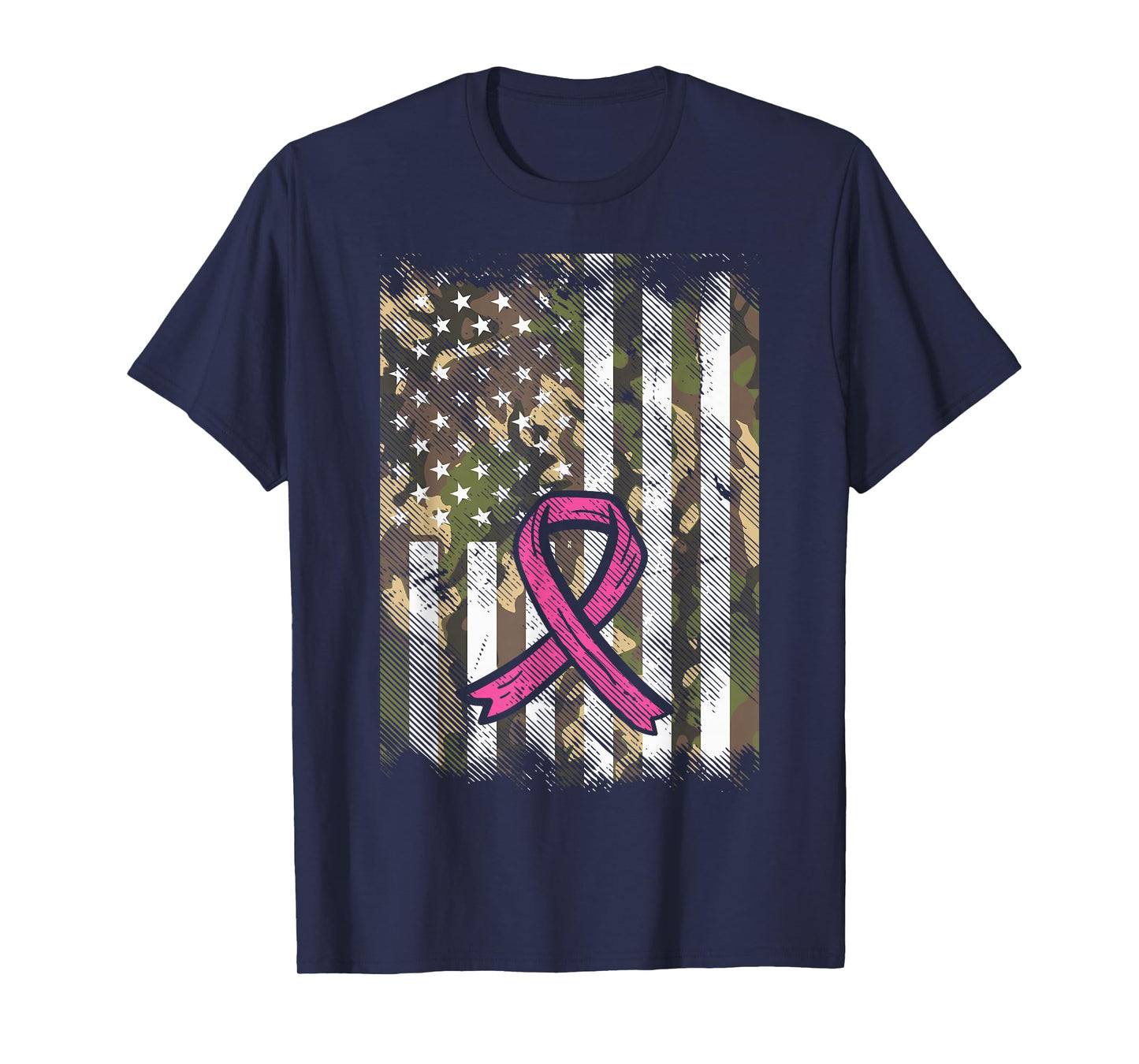 Camo Flag Pink Ribbon Breast Cancer Awareness Patriotic T-Shirt