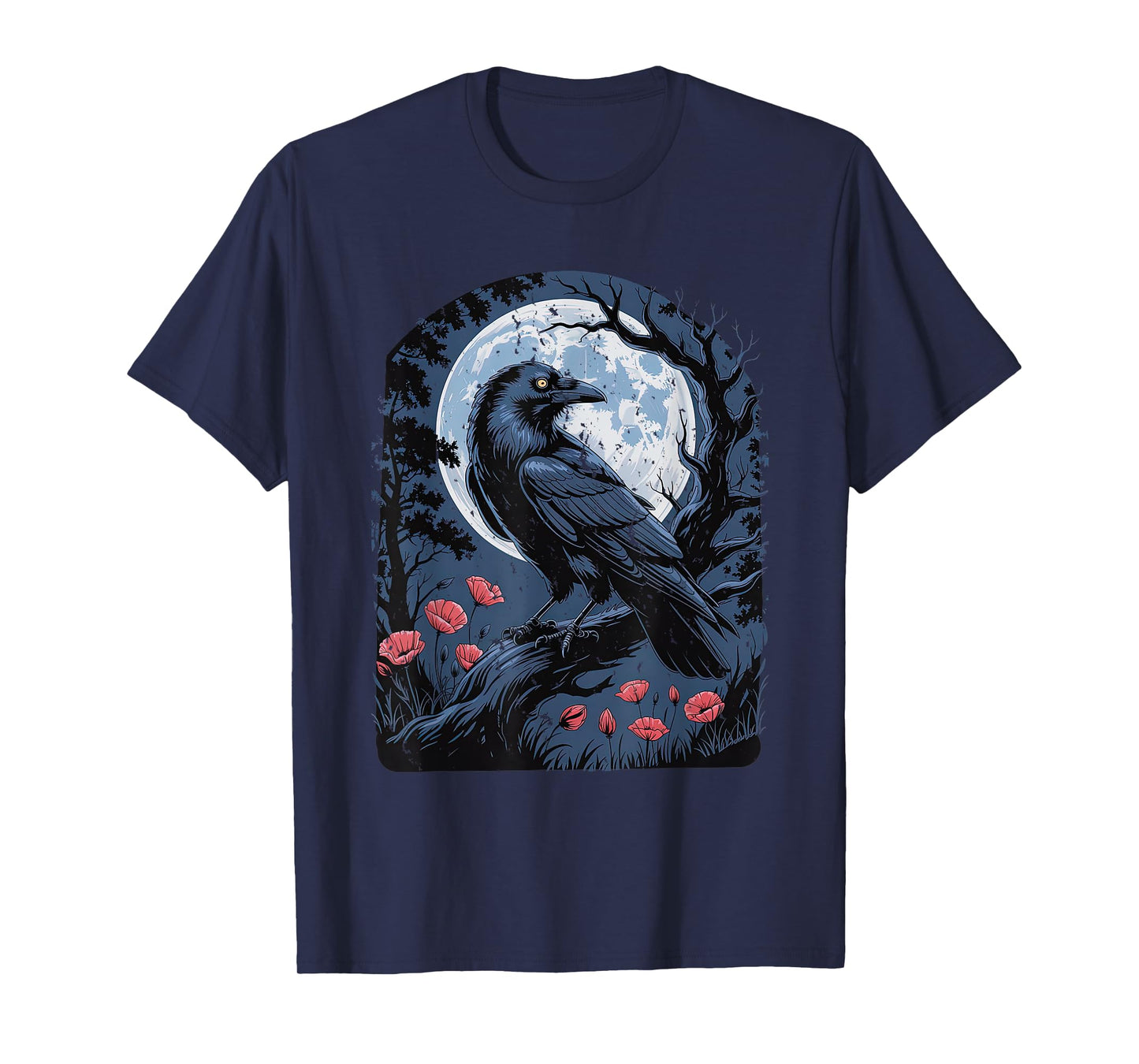 Raven with Poppies Moon and Flowers Gothic Botanical Crow T-Shirt
