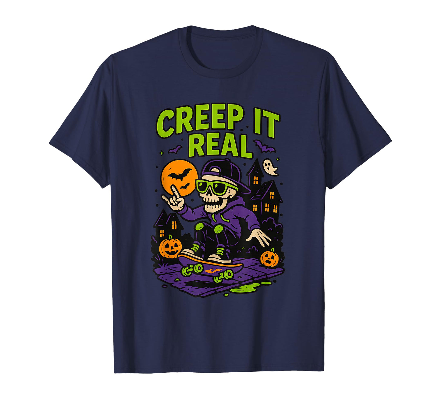 Creep It Real Halloween Skeleton Skateboarding Spooky Design T-Shirt
