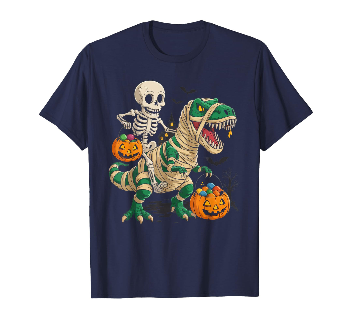 Skeleton Riding Mummy Dinosaur T rex Halloween Pumpkin Gifts T-Shirt