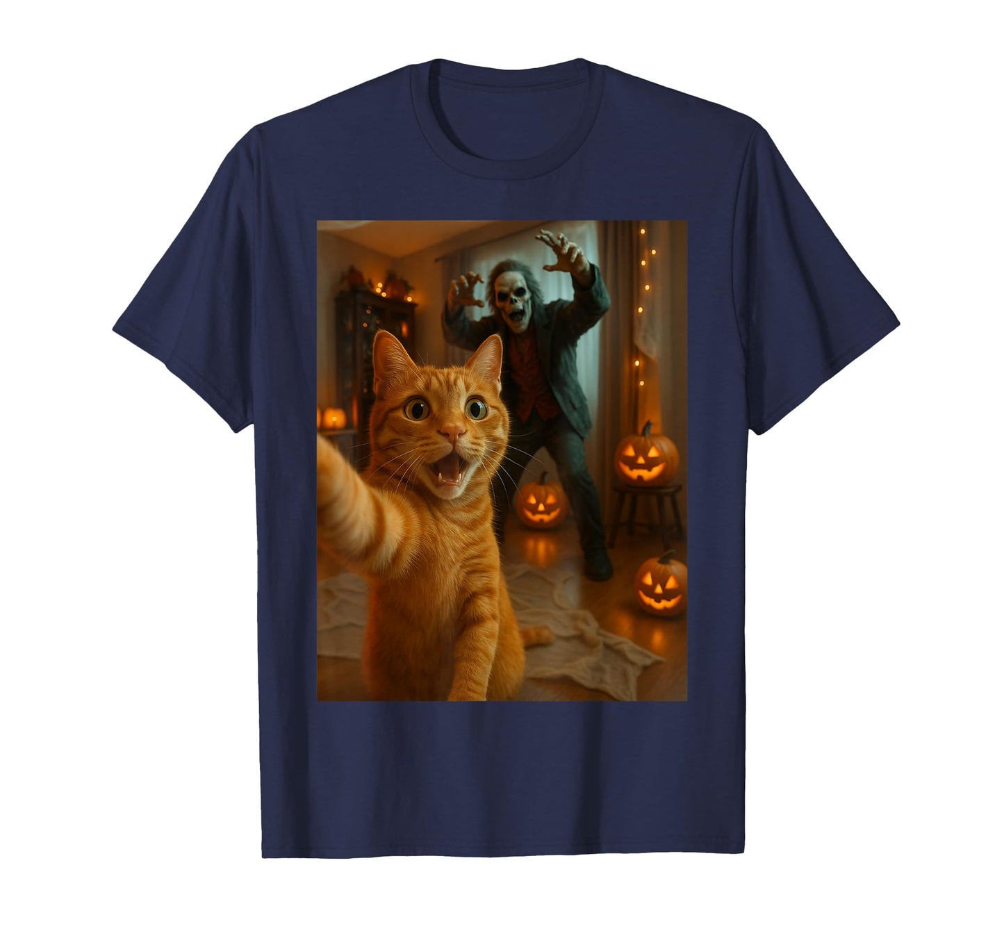 Funny Orange Cat and Skeleton Monster Halloween Party T-Shirt