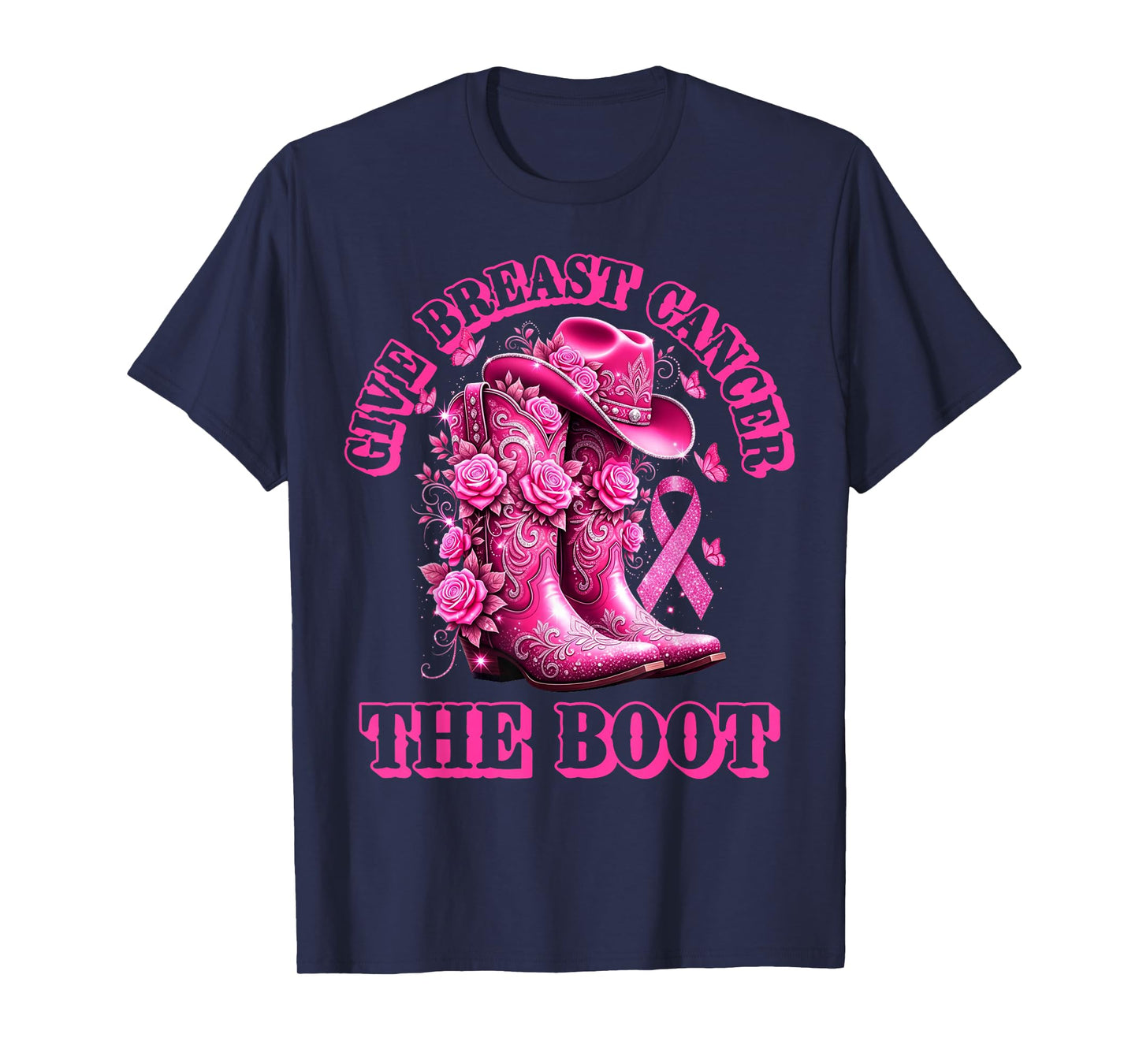 Give Breast Cancer The Boot Cowgirl Pink Ribbon Western T-Shirt