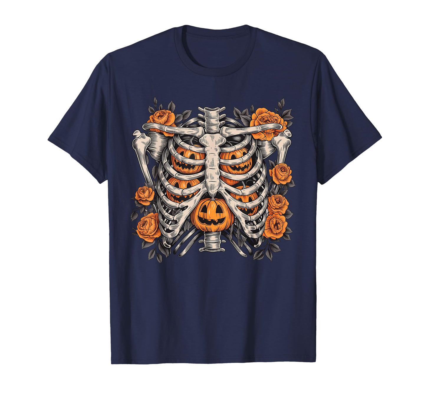 Halloween Retro Floral Ribcage Pumpkins Skeleton Fall T-Shirt