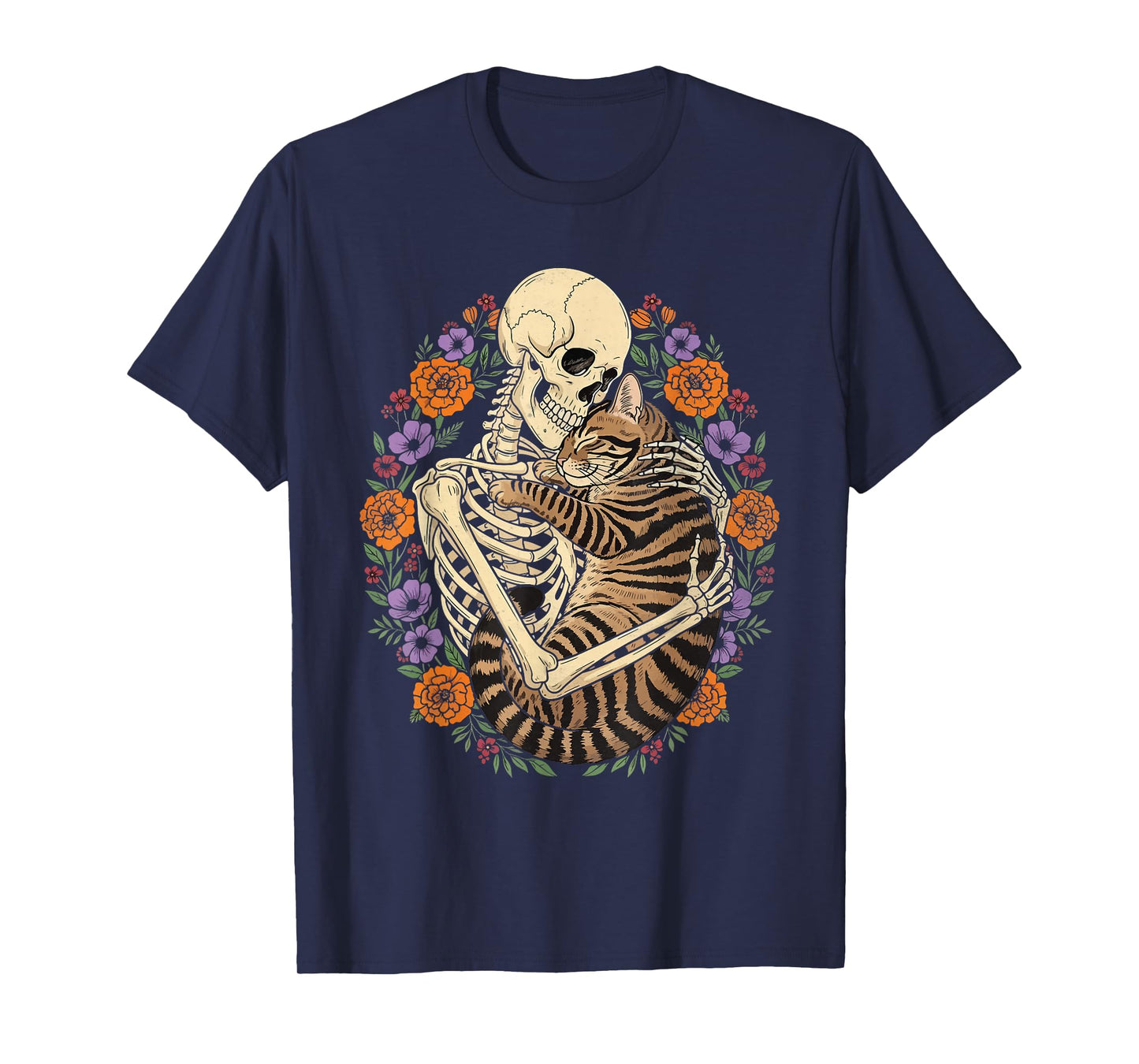 Skeleton Hugging Cat Halloween Gothic Floral Cat Lover T-Shirt