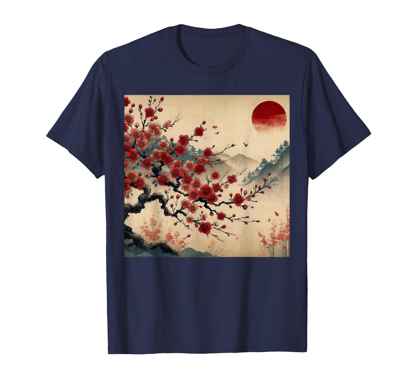 Vintage Cherry Blossom Woodblock Tee Japanese Graphical Art T-Shirt