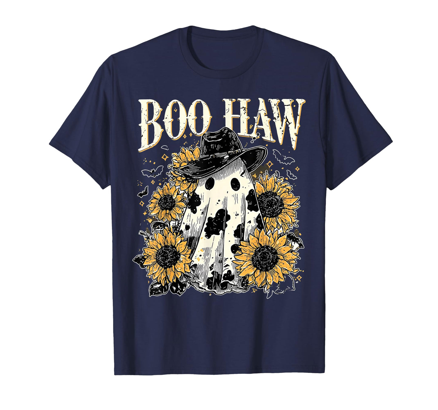 Boo Haw, Cow Spot Ghost Western Halloween, Sunflowers Fall T-Shirt