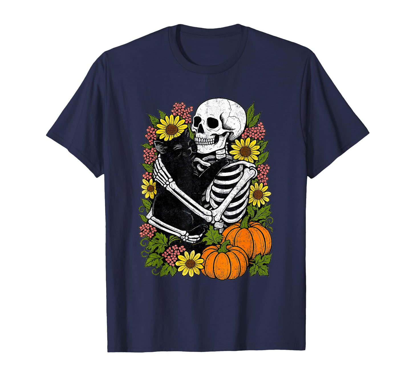 Skeleton Hugging Black Cat Funny Halloween Cats Lover T-Shirt