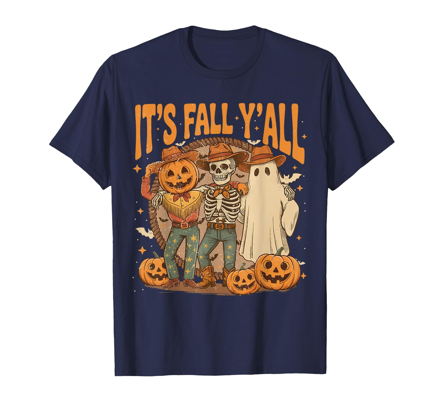Cowboy Ghost Pumpkin Head Skeleton Its Fall Yall Spooky Gang T-Shirt