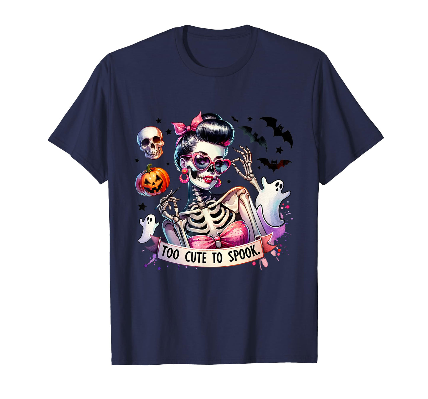 Too Cute to Spook Skeleton Woman Diva Halloween Pin-Up T-Shirt